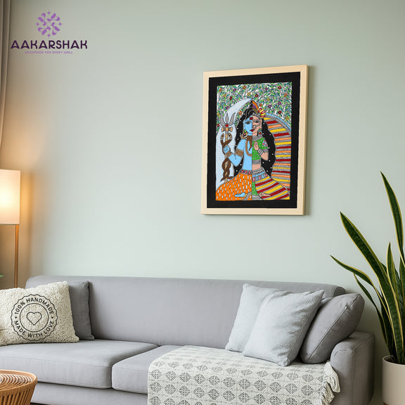 Traditional Indian wall painting displayed in modern home interior setting
