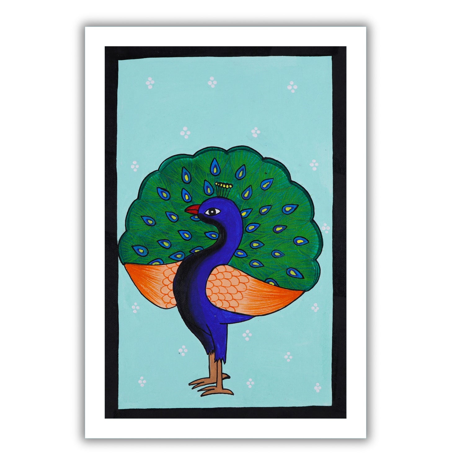 Handmade Pichwai painting with Peacock motif, framed for wall decor – traditional Indian temple art
