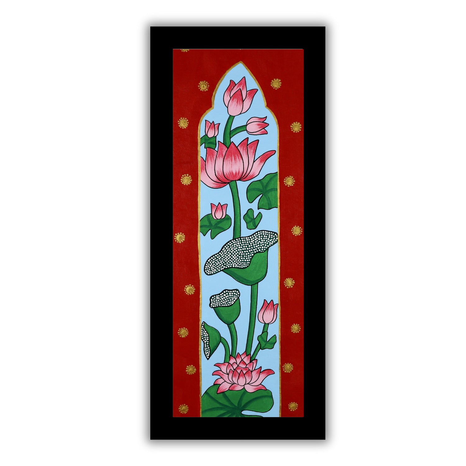 Handmade Pichwai painting with Lotus motif, framed for wall decor – traditional Indian temple art
