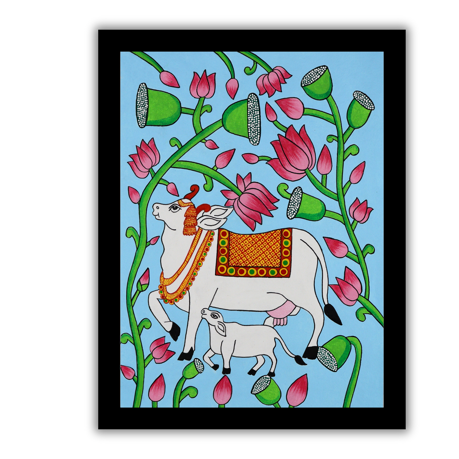 AAKARSHAK Pichwai Painting Handmade Cow Pichwai art Framed Traditional Indian paintings for Wall Living room Home decor Gifts - 12x16 Inch |(PBME103)