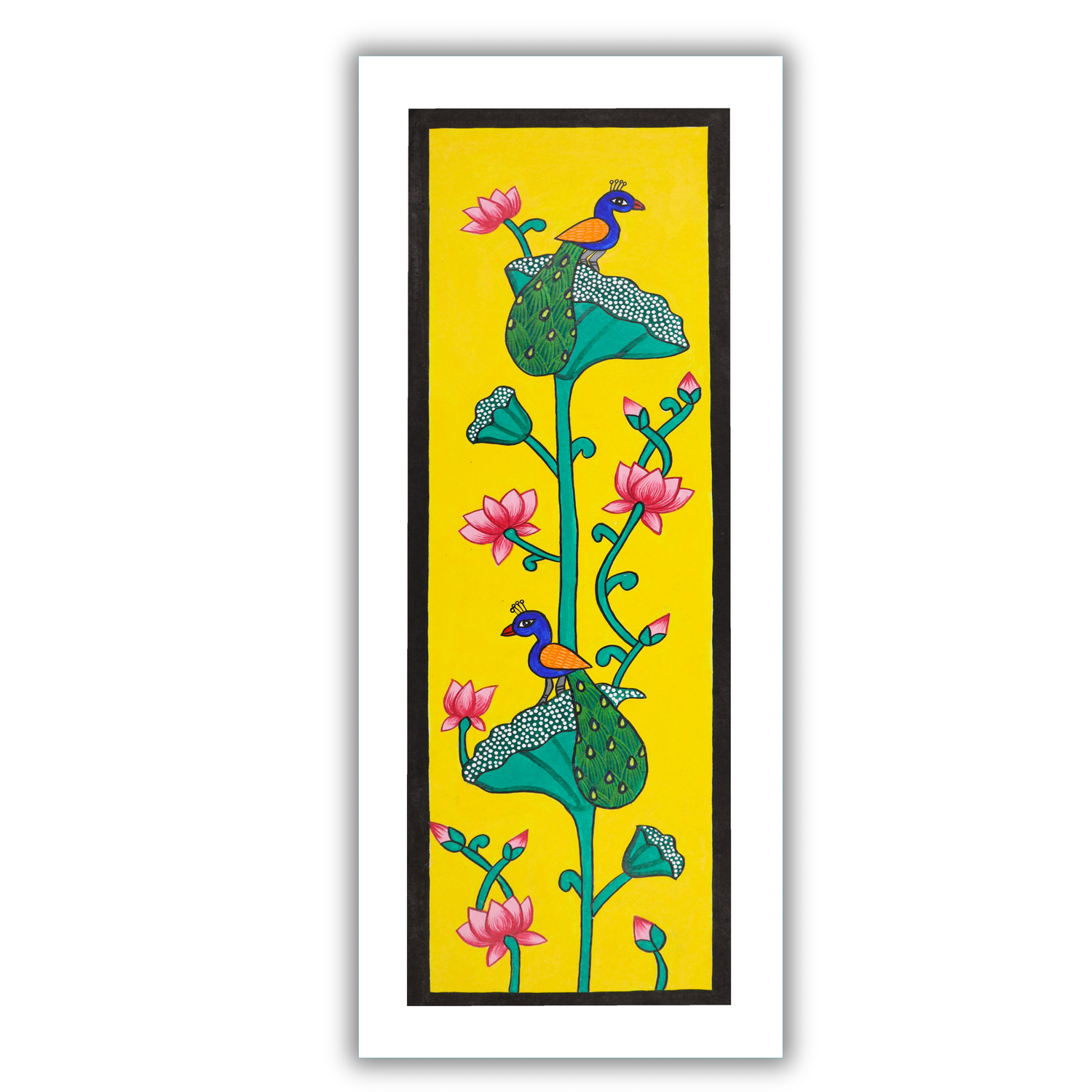 AAKARSHAK Pichwai Painting Handmade Peacock Pichwai art Framed Traditional Indian paintings for Wall Living room Home decor Gifts - 8x23 Inch |(PWLO102)