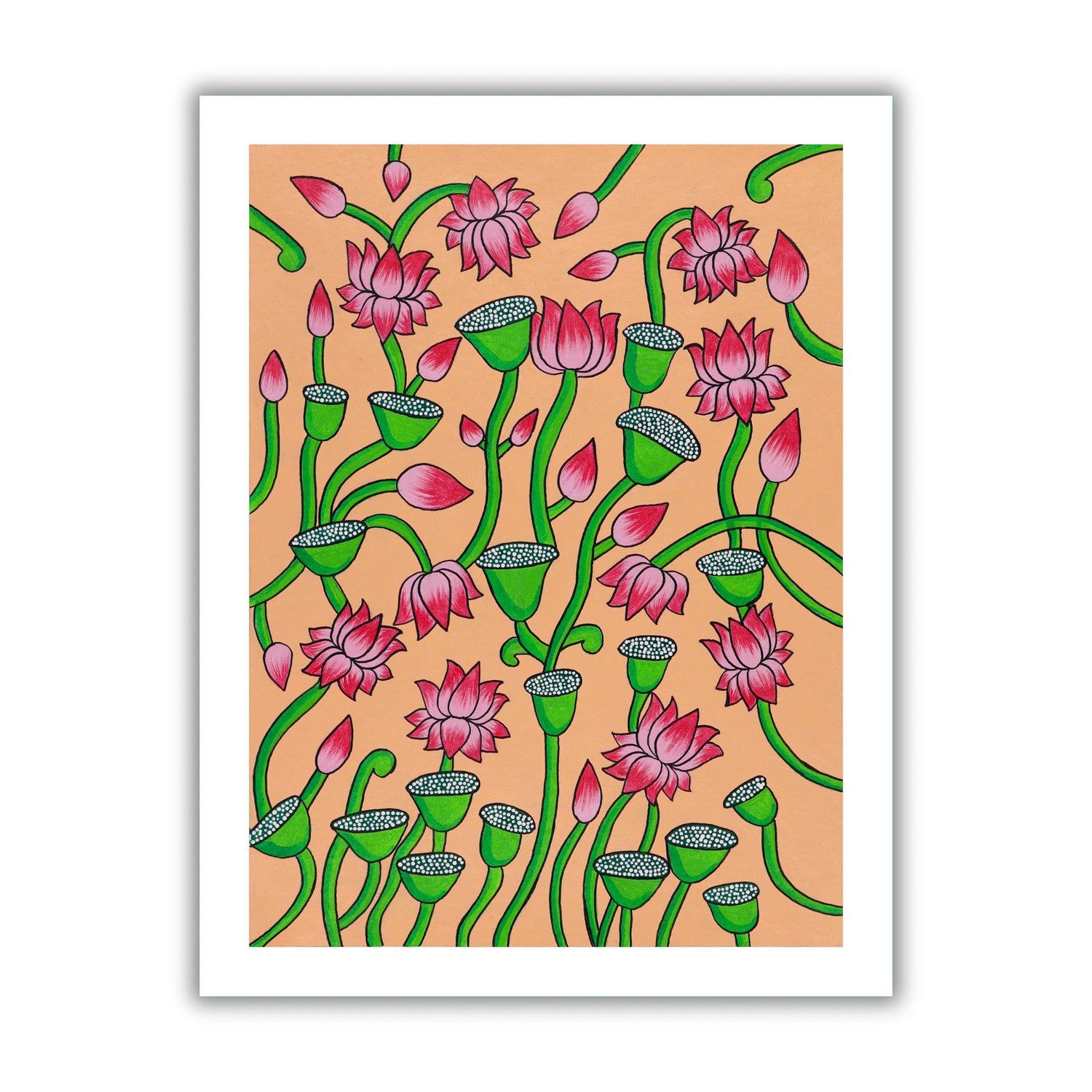 Handmade Pichwai painting with Lotus motif, framed for wall decor – traditional Indian temple art
