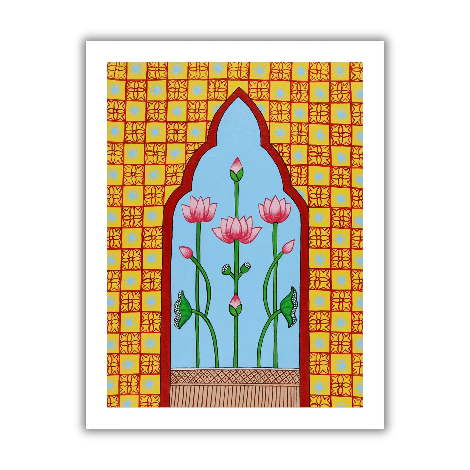 Handmade Pichwai painting with Jharokha motif, framed for wall decor – traditional Indian temple art
