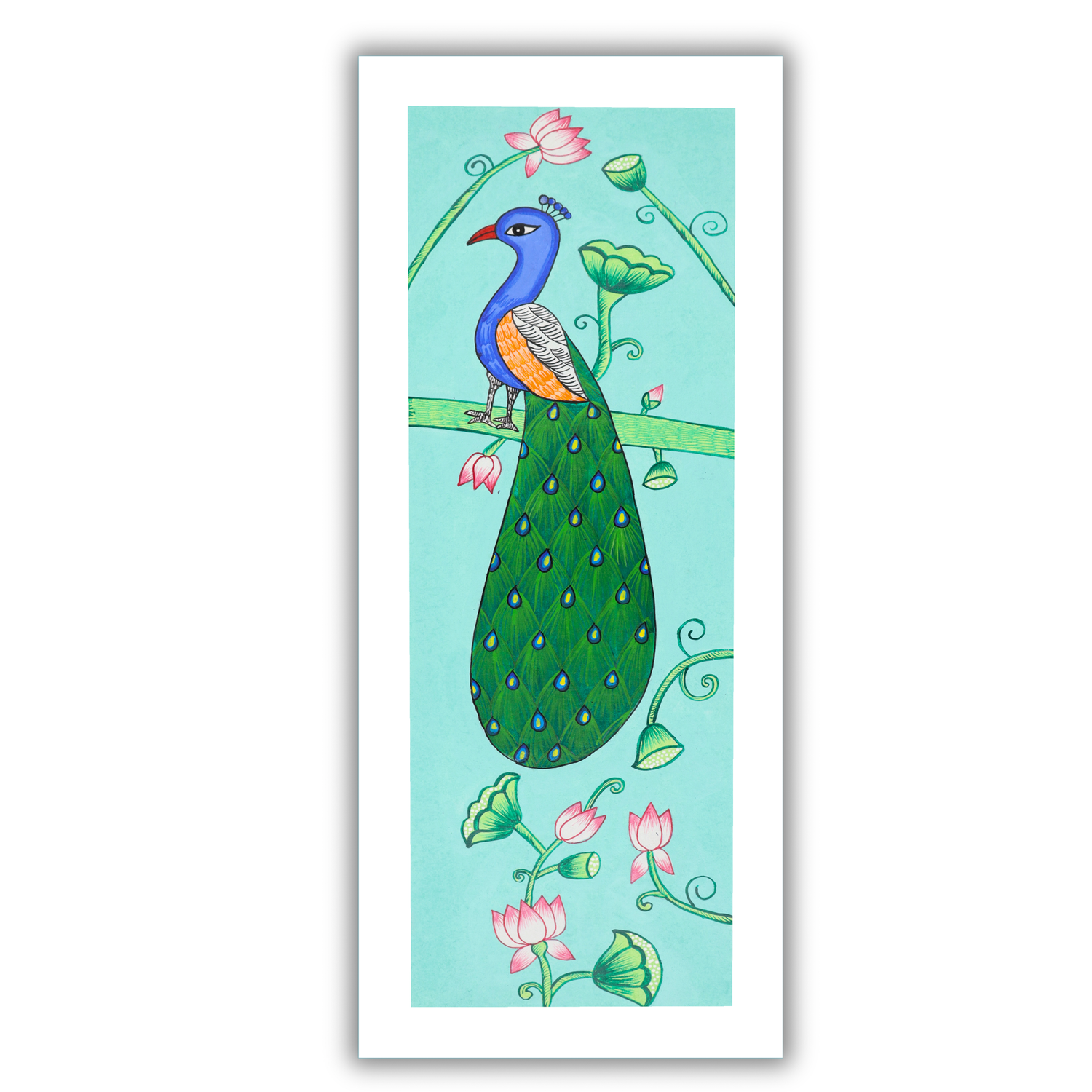 AAKARSHAK Pichwai Painting Handmade Peacock Pichwai art Framed Traditional Indian paintings for Wall Living room Home decor Gifts - 8x23 Inch |(PWLO103)