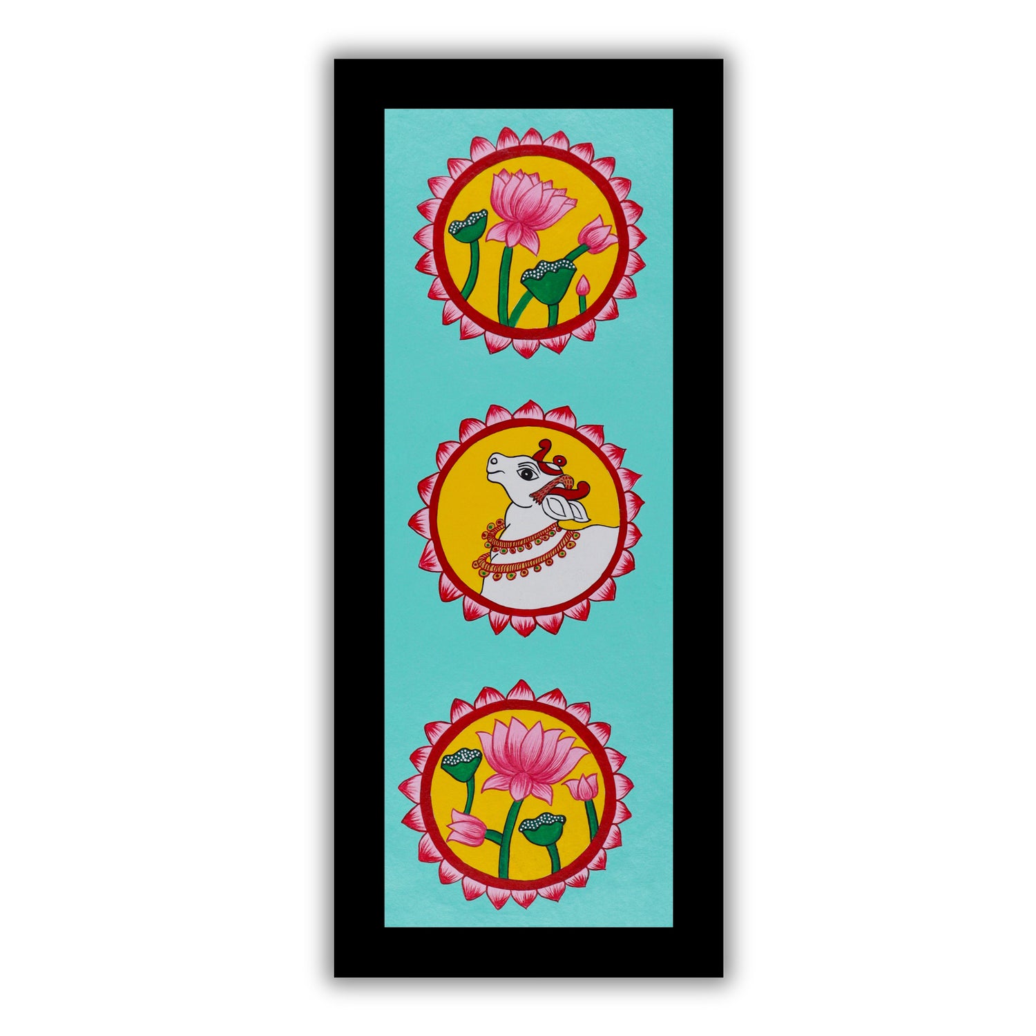 Handmade Pichwai painting with Lotus and Cow motif, framed for wall decor – traditional Indian temple art
