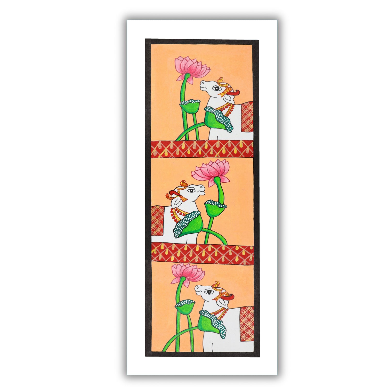 Handmade Pichwai painting with cow motif, framed for wall decor – traditional Indian temple art

