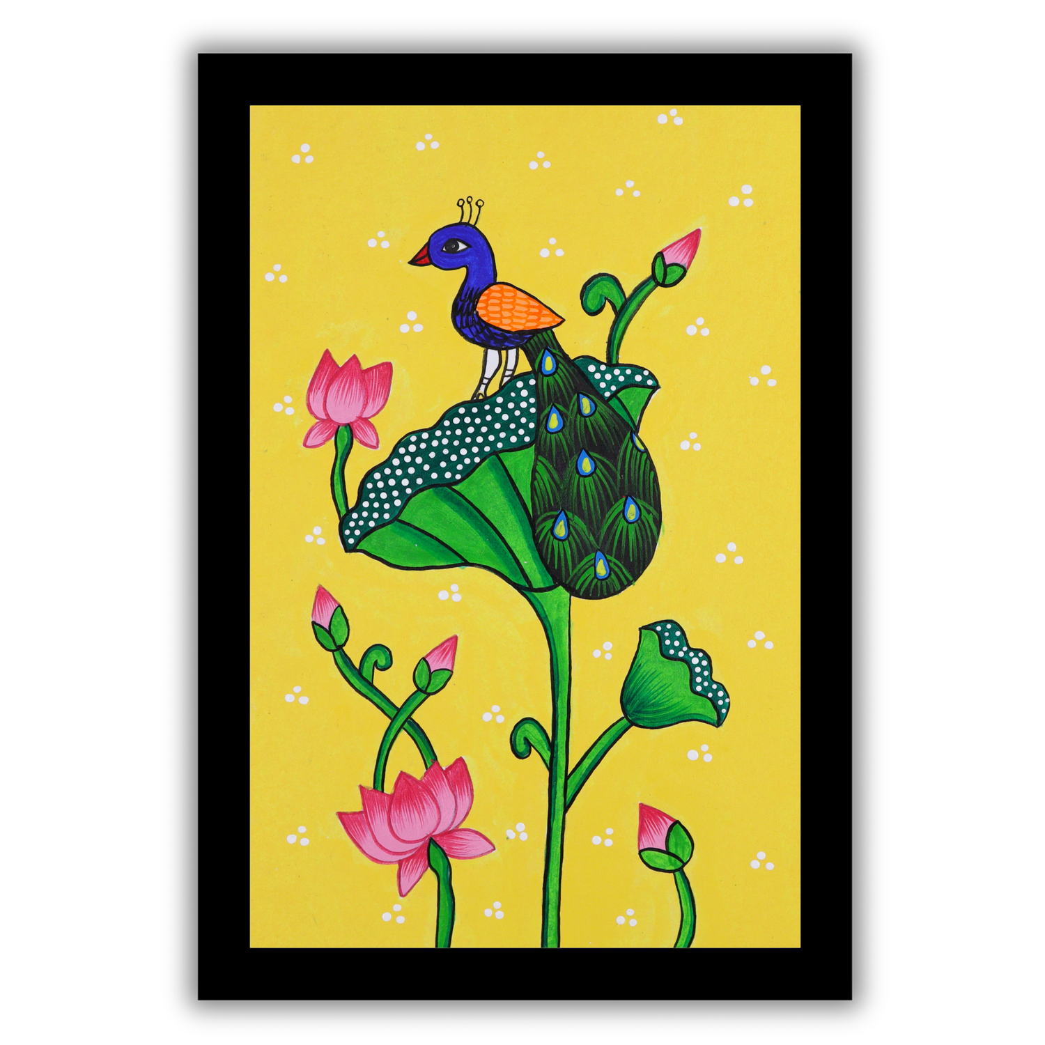 AAKARSHAK Pichwai Painting Handmade Peacock Lotus Pichwai art Framed Traditional Indian paintings for Wall Living room Home decor Gifts - 8x12 Inch |(PBSM103)