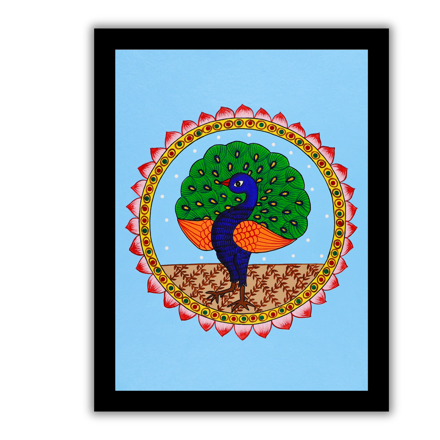 AAKARSHAK Pichwai Painting Handmade Peacock Pichwai art Framed Traditional Indian paintings for Wall Living room Home decor Gifts - 12x16 Inch |(PBME102)
