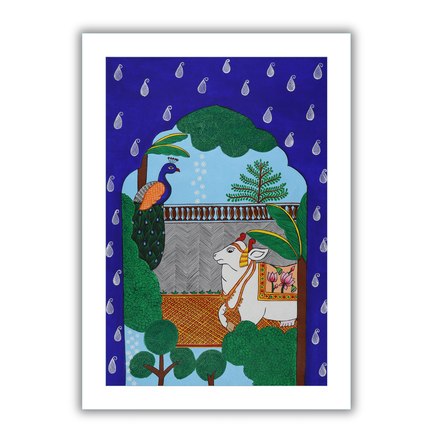 AAKARSHAK Pichwai Painting Handmade Cow Peacock Jharokha Pichwai art Framed Traditional Indian paintings for Wall Living room Home decor Gifts - 17x24 Inch |(PWLR104)