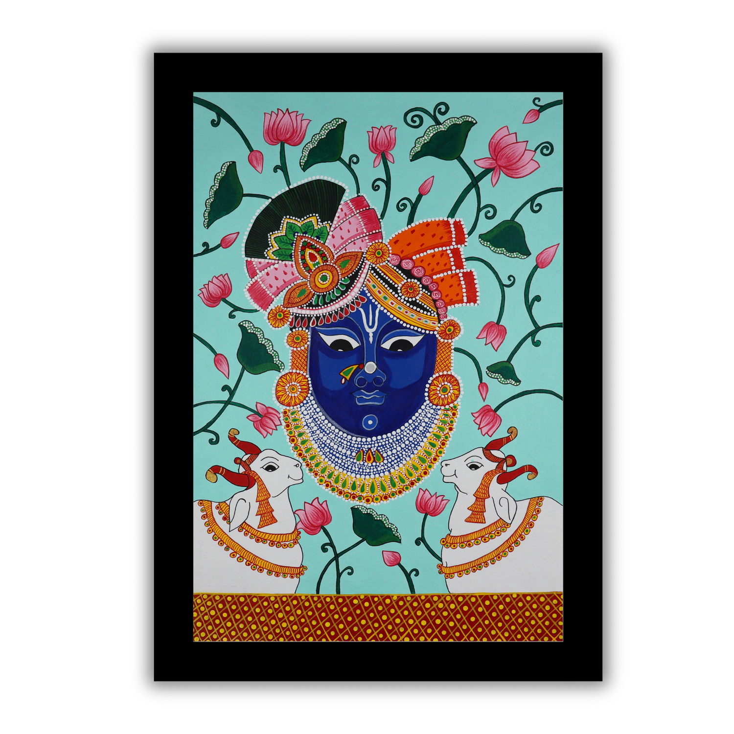 AAKARSHAK Pichwai Painting Handmade Krishna Pichwai art Framed Traditional Indian paintings for Wall Living room Home decor Gifts - 17x24 Inch |(PBLR104)
