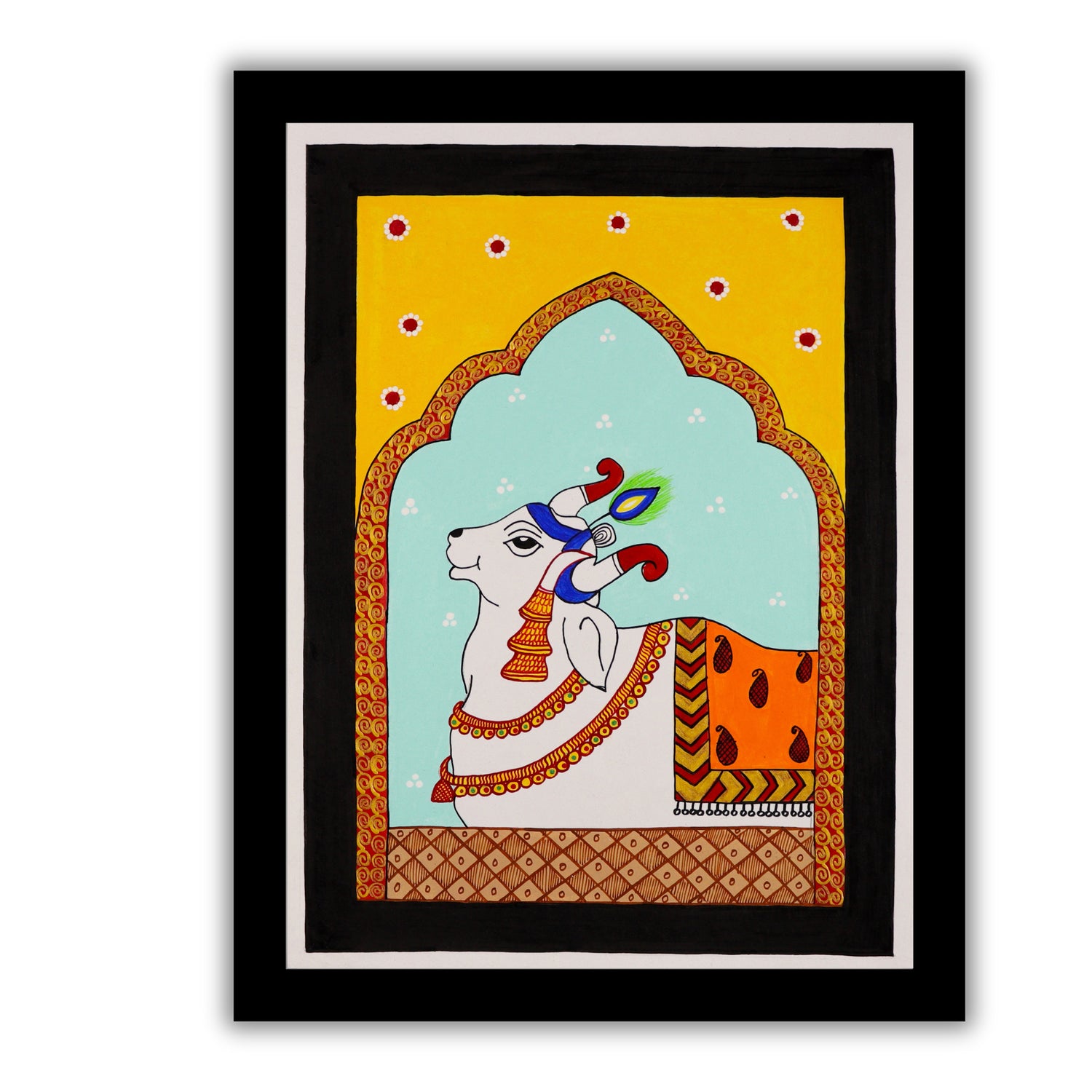 Handmade Pichwai painting with cow motif, framed for wall decor – traditional Indian temple art
