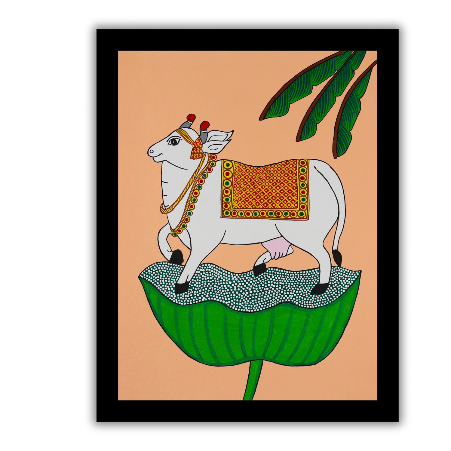 AAKARSHAK Pichwai Painting Handmade Cow Pichwai art Framed Traditional Indian paintings for Wall Living room Home decor Gifts - 12x16 Inch |(PBME106)