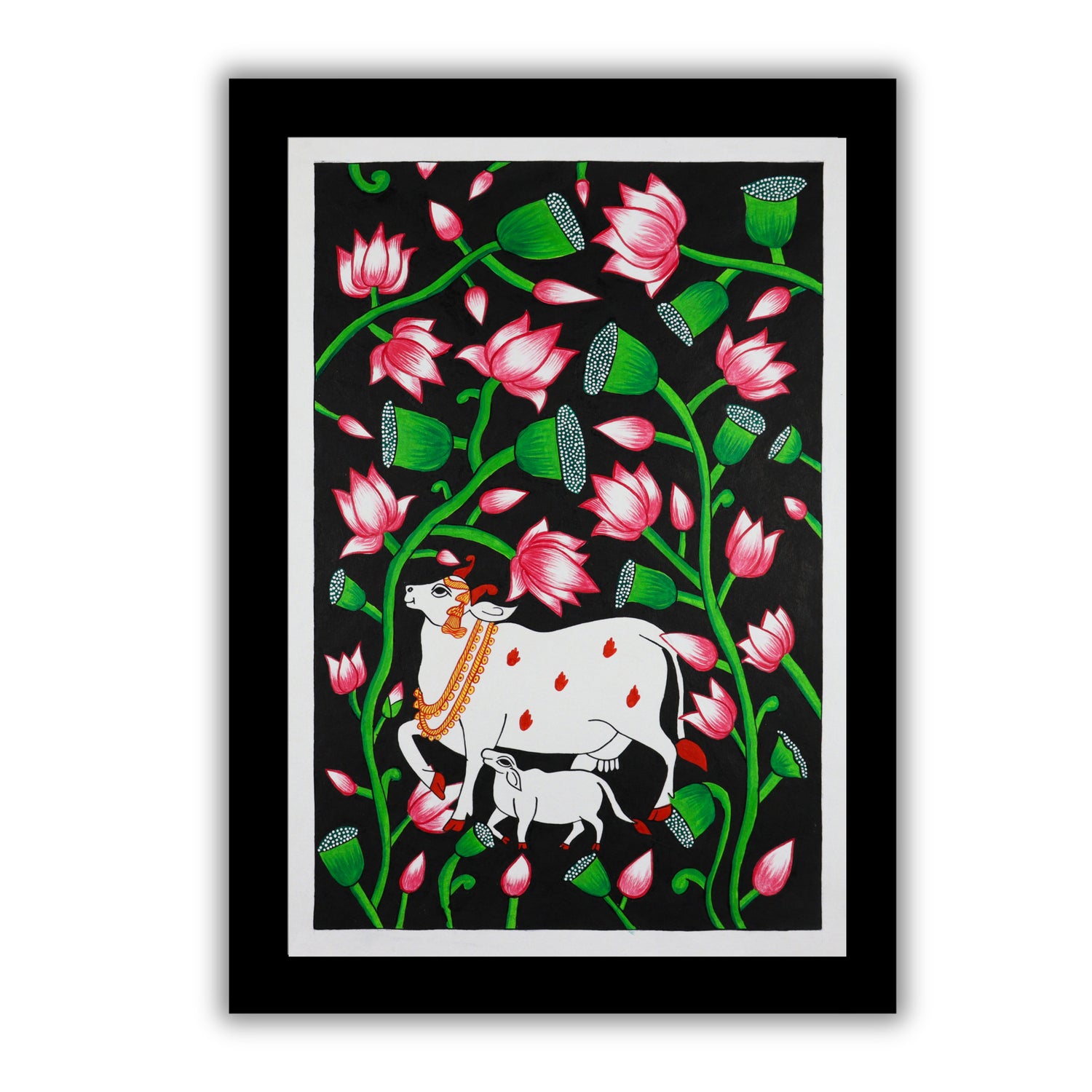 Handmade Pichwai painting with cow motif, framed for wall decor – traditional Indian temple art
