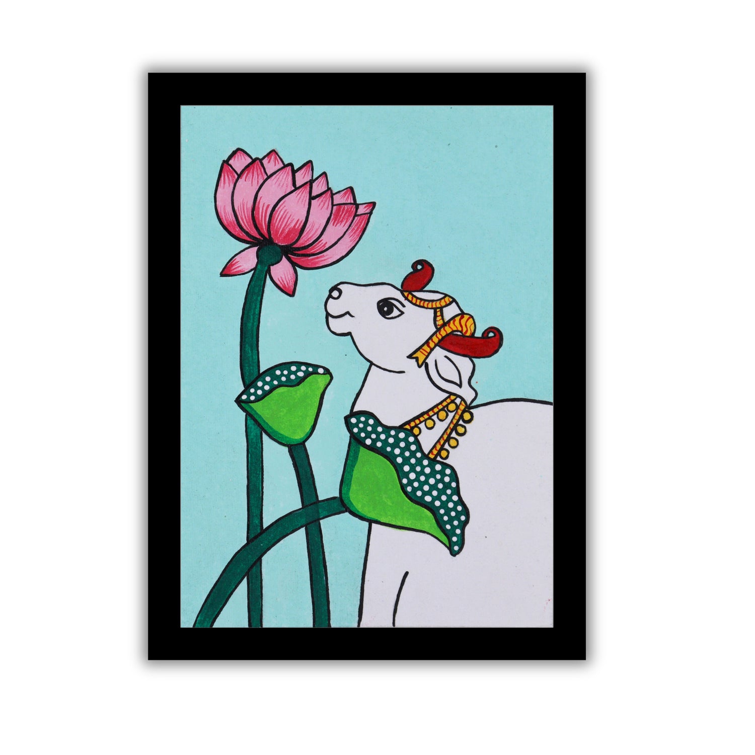 Handmade Pichwai painting with cow motif, framed for wall decor – traditional Indian temple art
