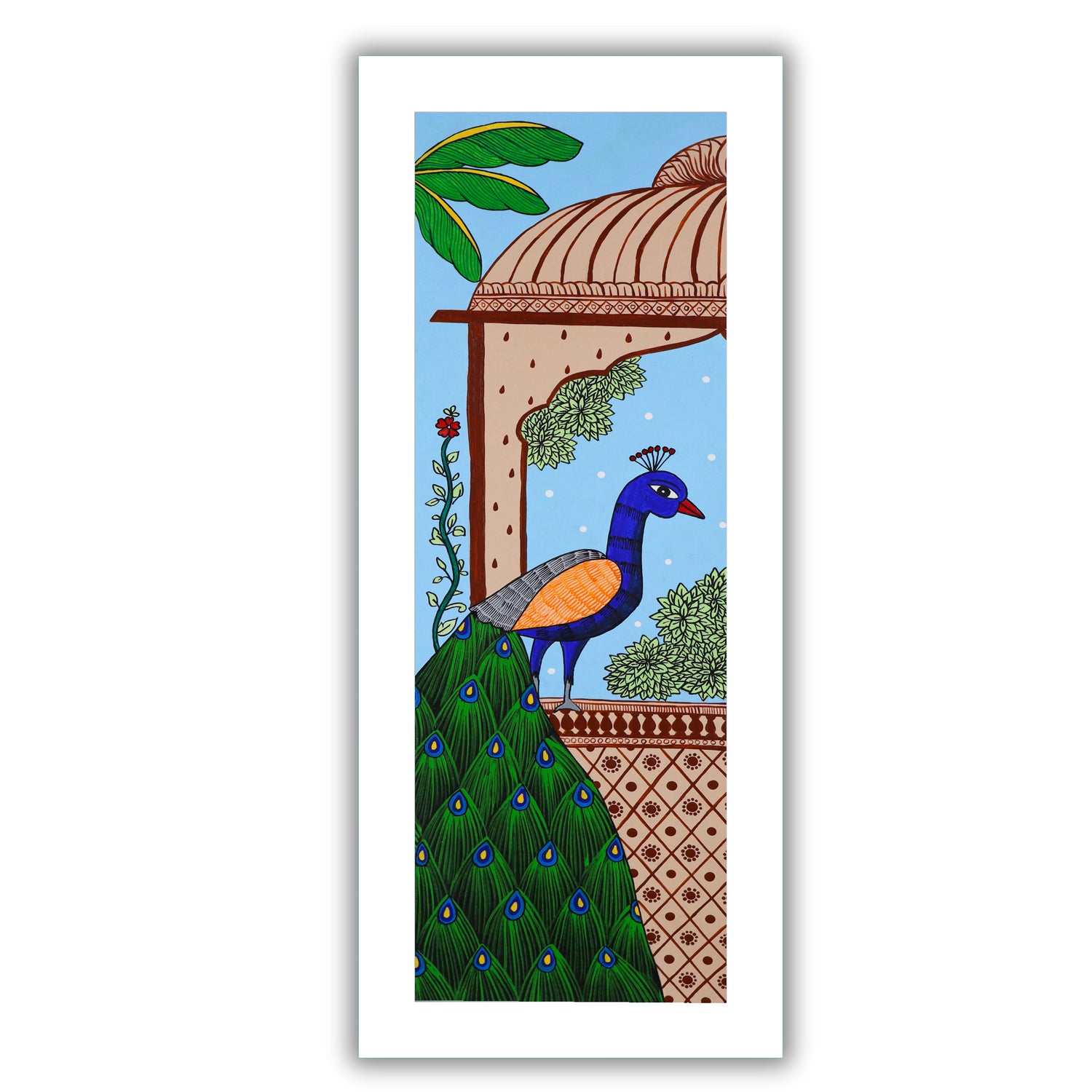 Handmade Pichwai painting with Peacock motif, framed for wall decor – traditional Indian temple art
