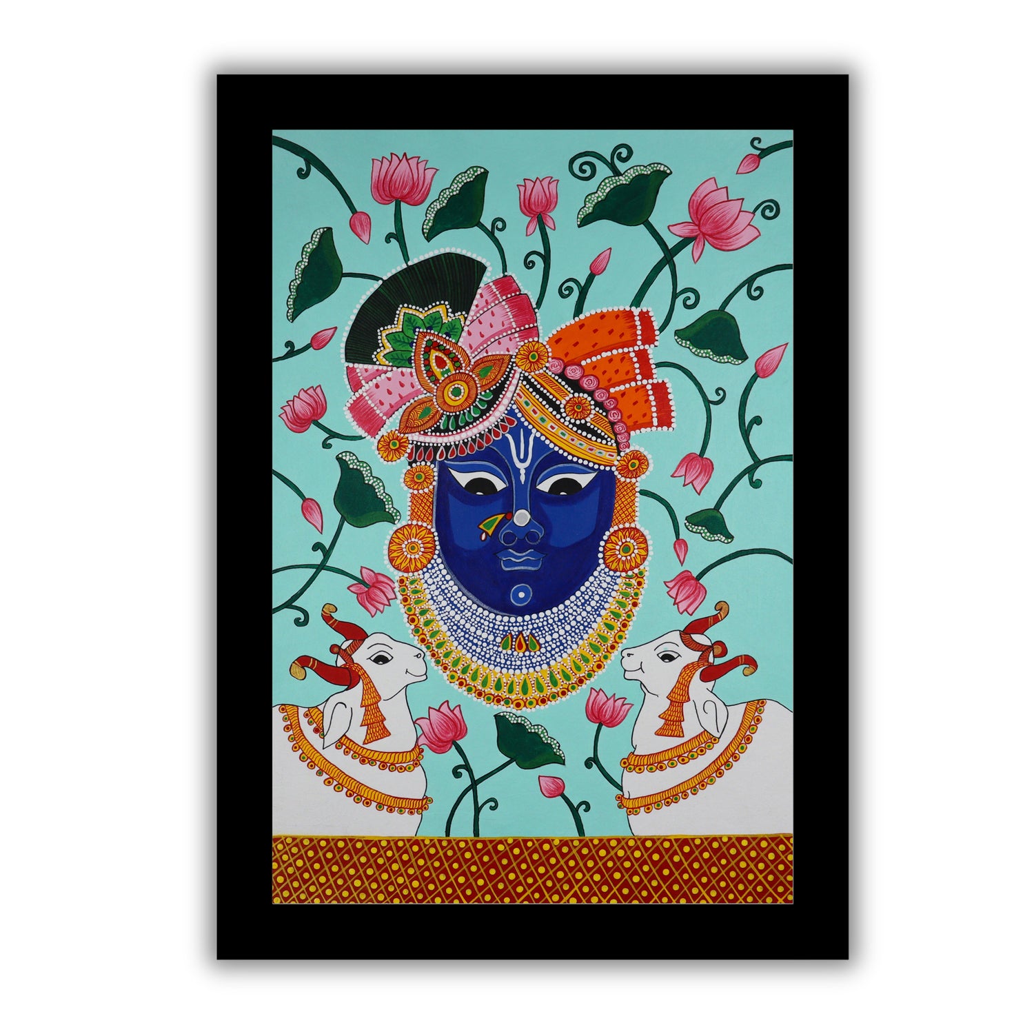 Handmade Pichwai painting with Lord Krishna motif, framed for wall decor – traditional Indian temple art
