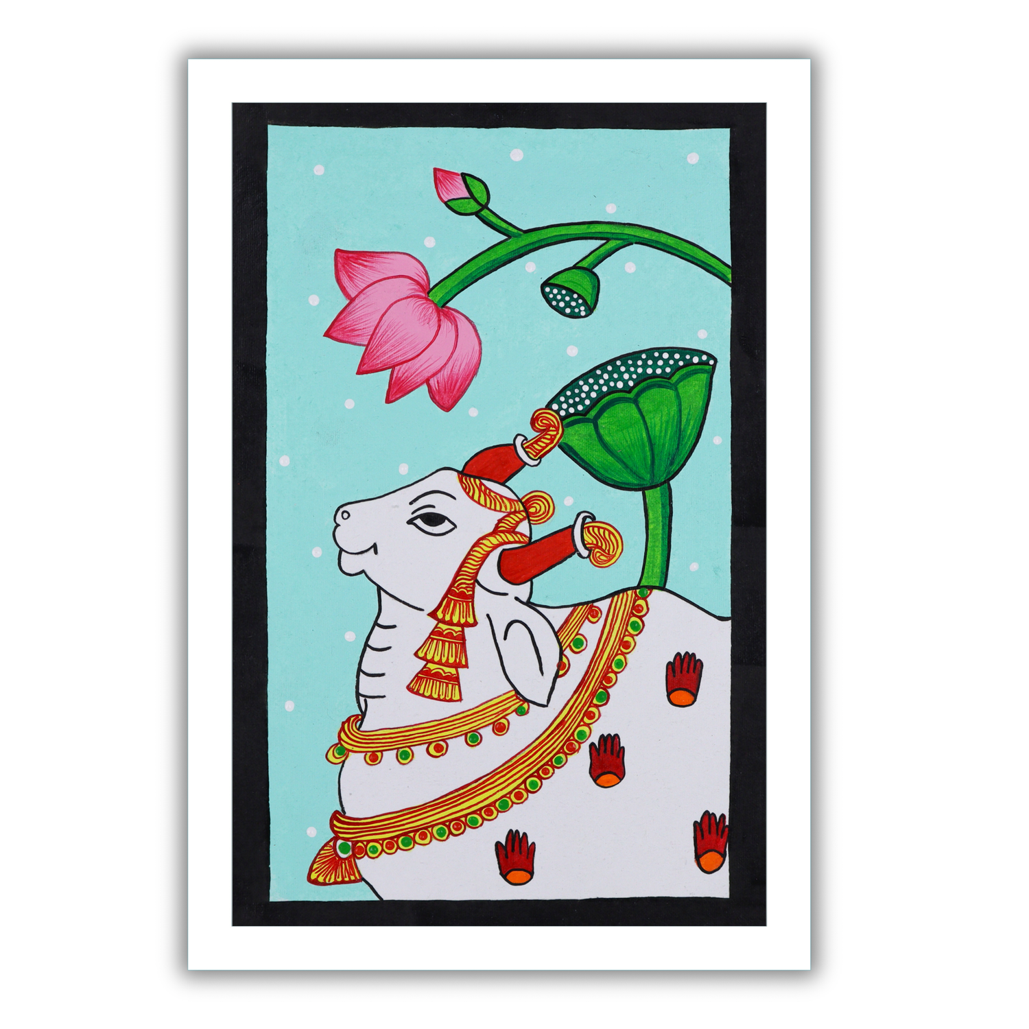 AAKARSHAK Pichwai Painting Handmade Cow Pichwai art Framed Traditional Indian paintings for Wall Living room Home decor Gifts - 8x12 Inch |(PWSM101)