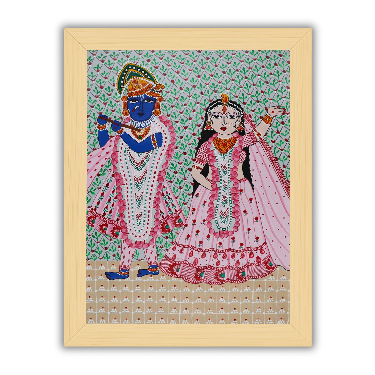Handmade Pichwai painting with Radha  Krishna motif, framed for wall decor – traditional Indian temple art
