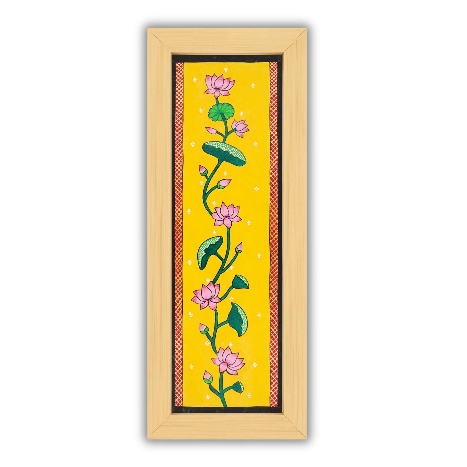 Handmade Pichwai painting with Lotus motif, framed for wall decor – traditional Indian temple art
