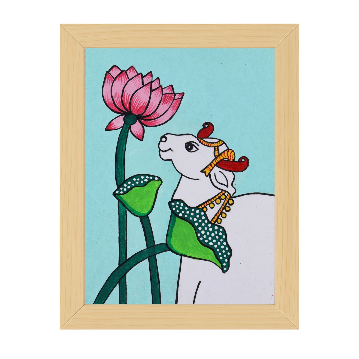 Handmade Pichwai painting with cow motif, framed for wall decor – traditional Indian temple art
