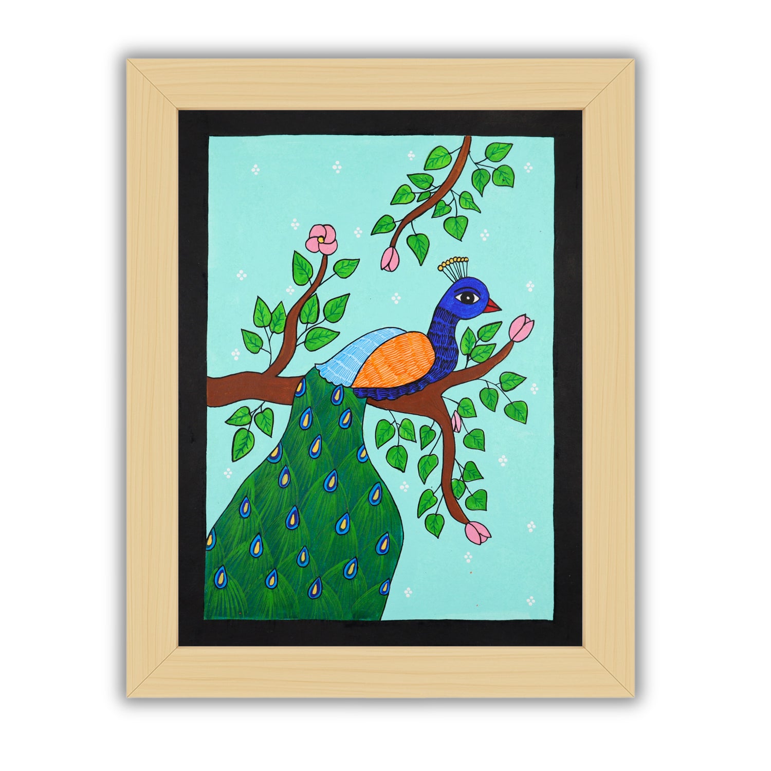 Handmade Pichwai painting with Peacock motif, framed for wall decor – traditional Indian temple art
