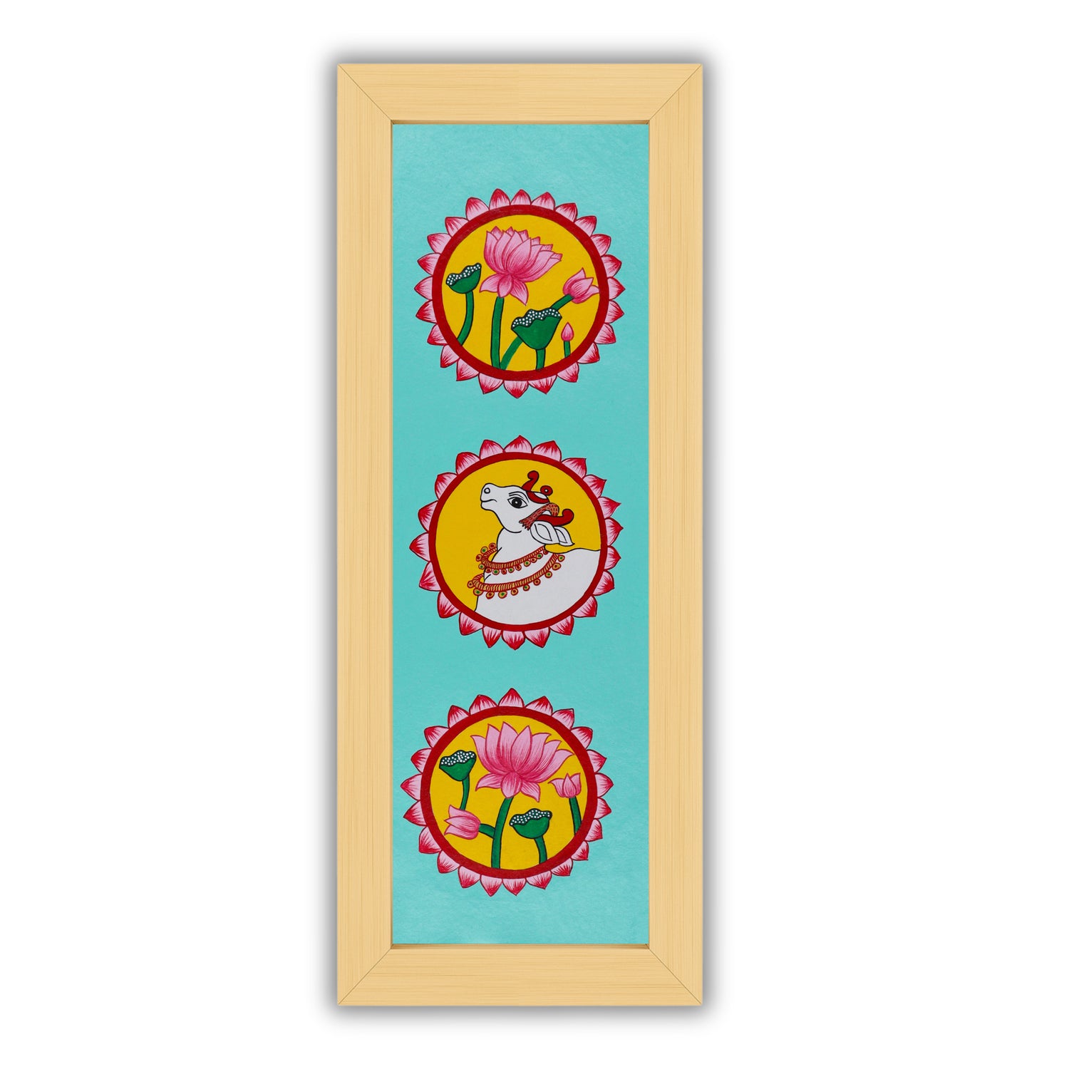Handmade Pichwai painting with Lotus and Cow motif, framed for wall decor – traditional Indian temple art
