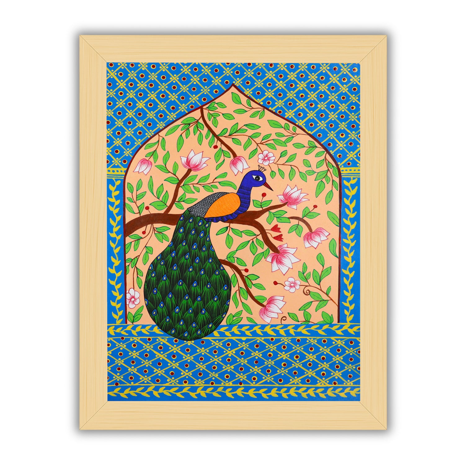 Handmade Pichwai painting with Peacock motif, framed for wall decor – traditional Indian temple art
