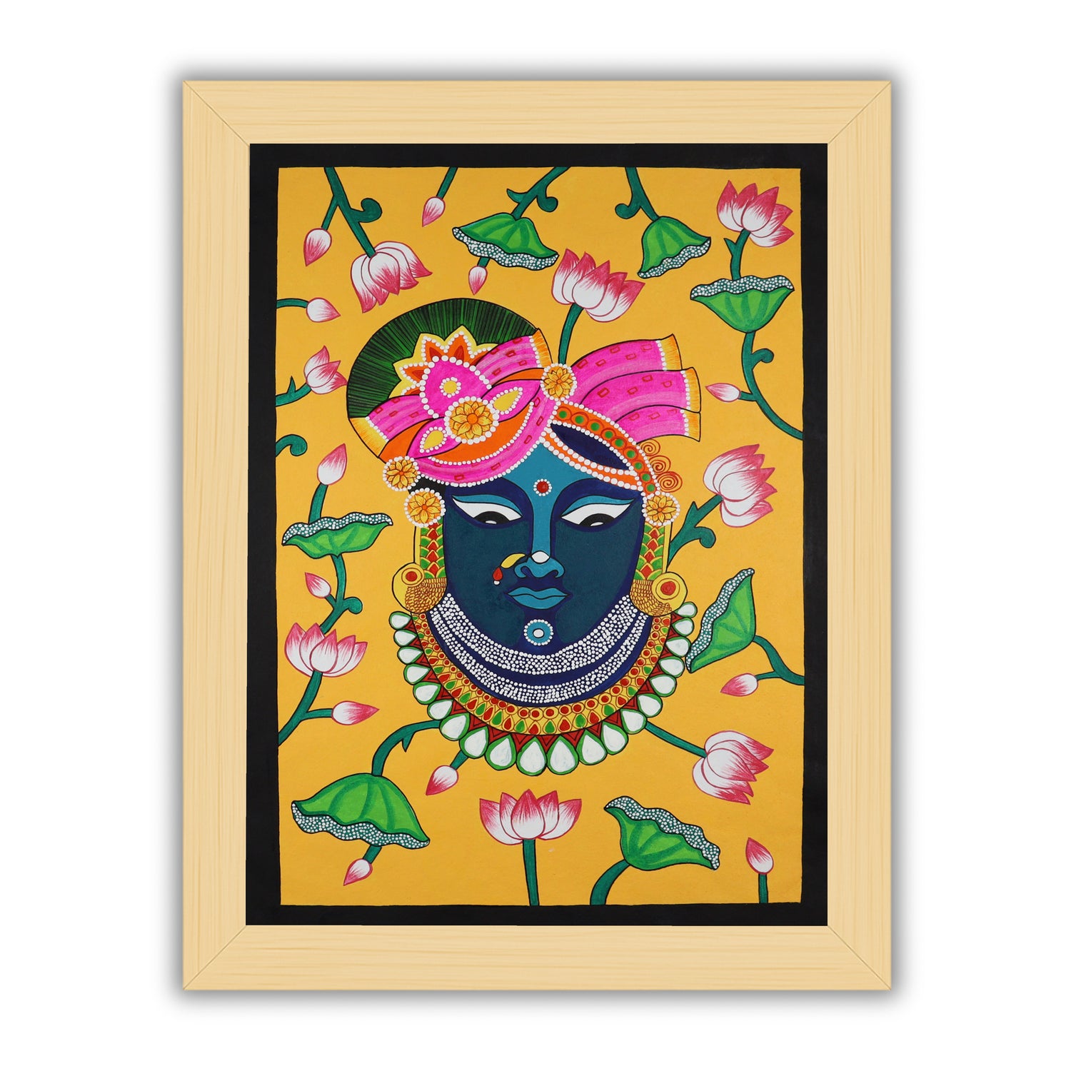 Handmade Pichwai painting with Lord Shrinathji motif, framed for wall decor – traditional Indian temple art
