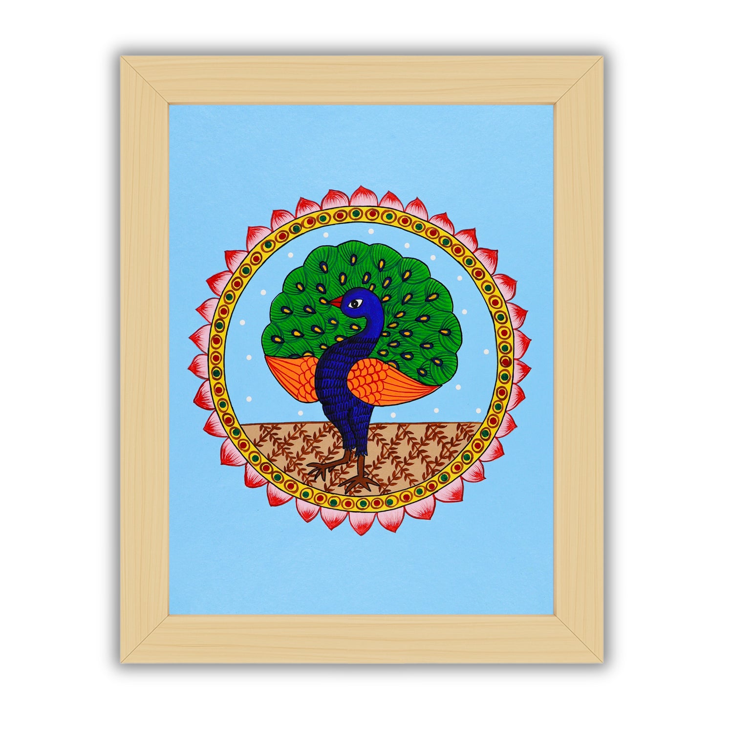 Handmade Pichwai painting with Peacock motif, framed for wall decor – traditional Indian temple art
