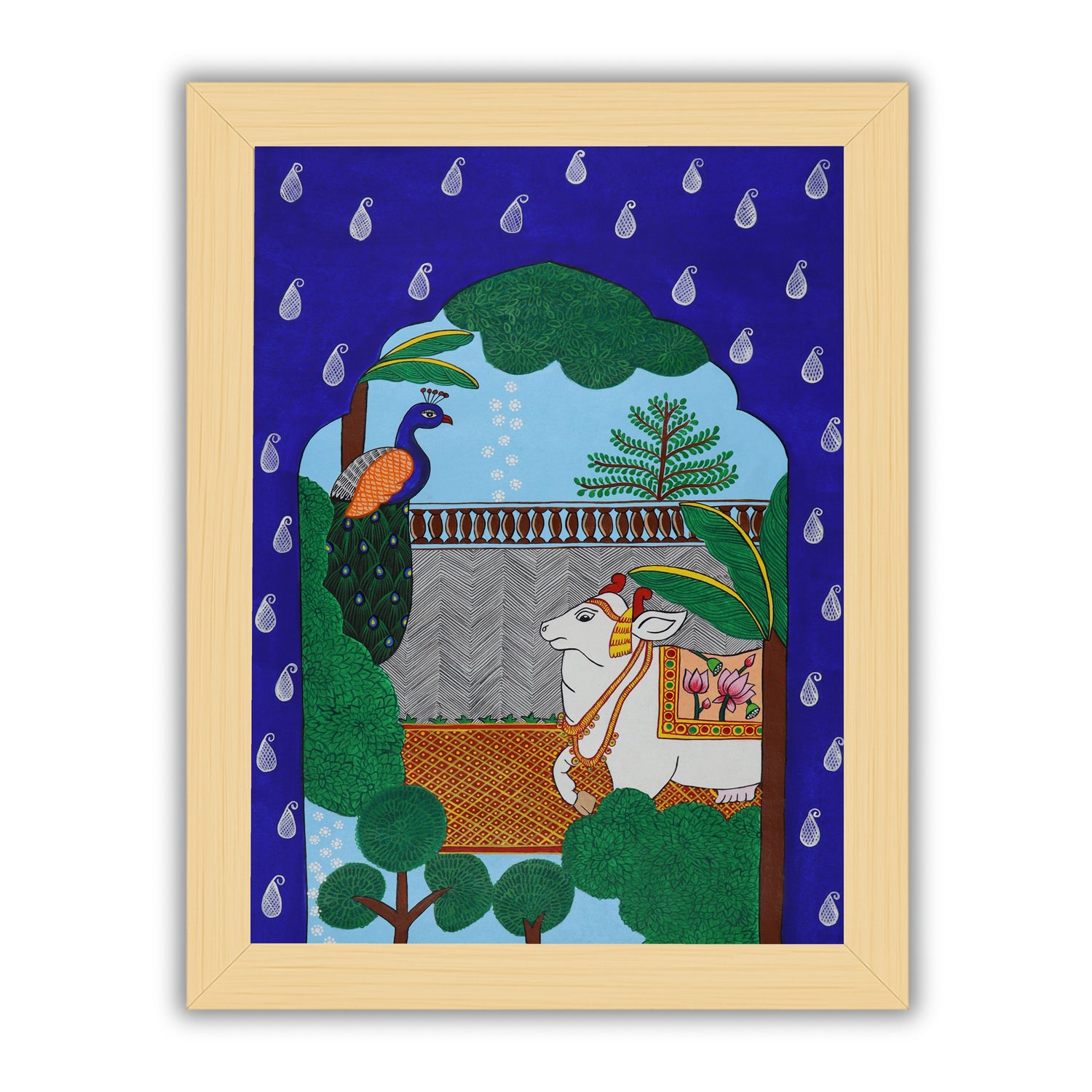 Handmade Pichwai painting with Cow Peacock Jharokha motif, framed for wall decor – traditional Indian temple art
