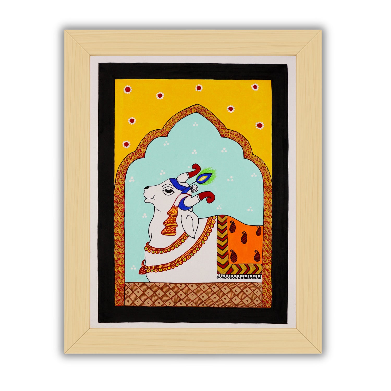 Handmade Pichwai painting with cow motif, framed for wall decor – traditional Indian temple art
