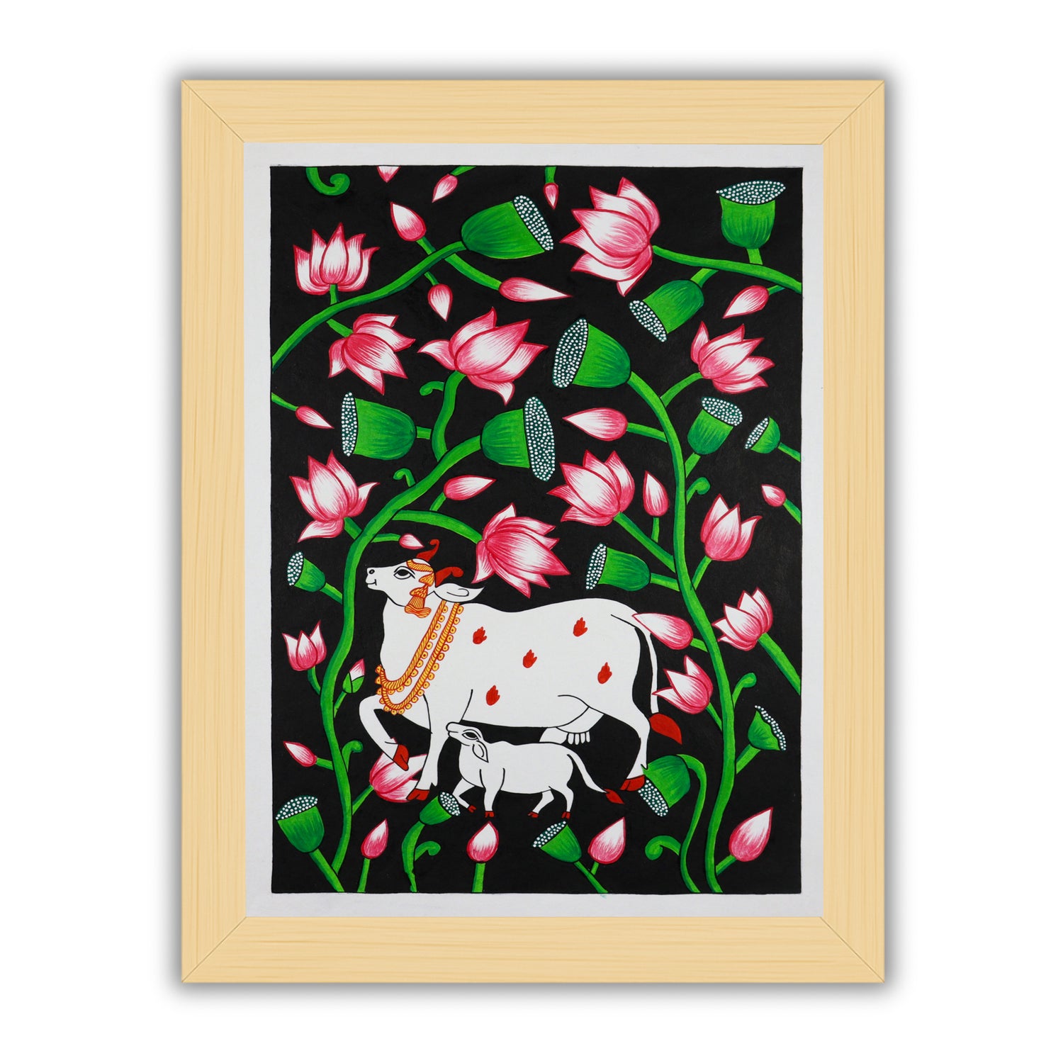 Handmade Pichwai painting with cow motif, framed for wall decor – traditional Indian temple art
