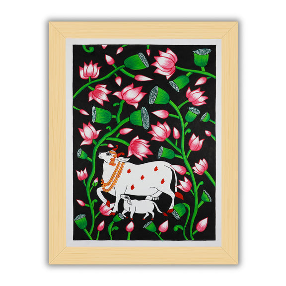 Handmade Pichwai painting with cow motif, framed for wall decor – traditional Indian temple art
