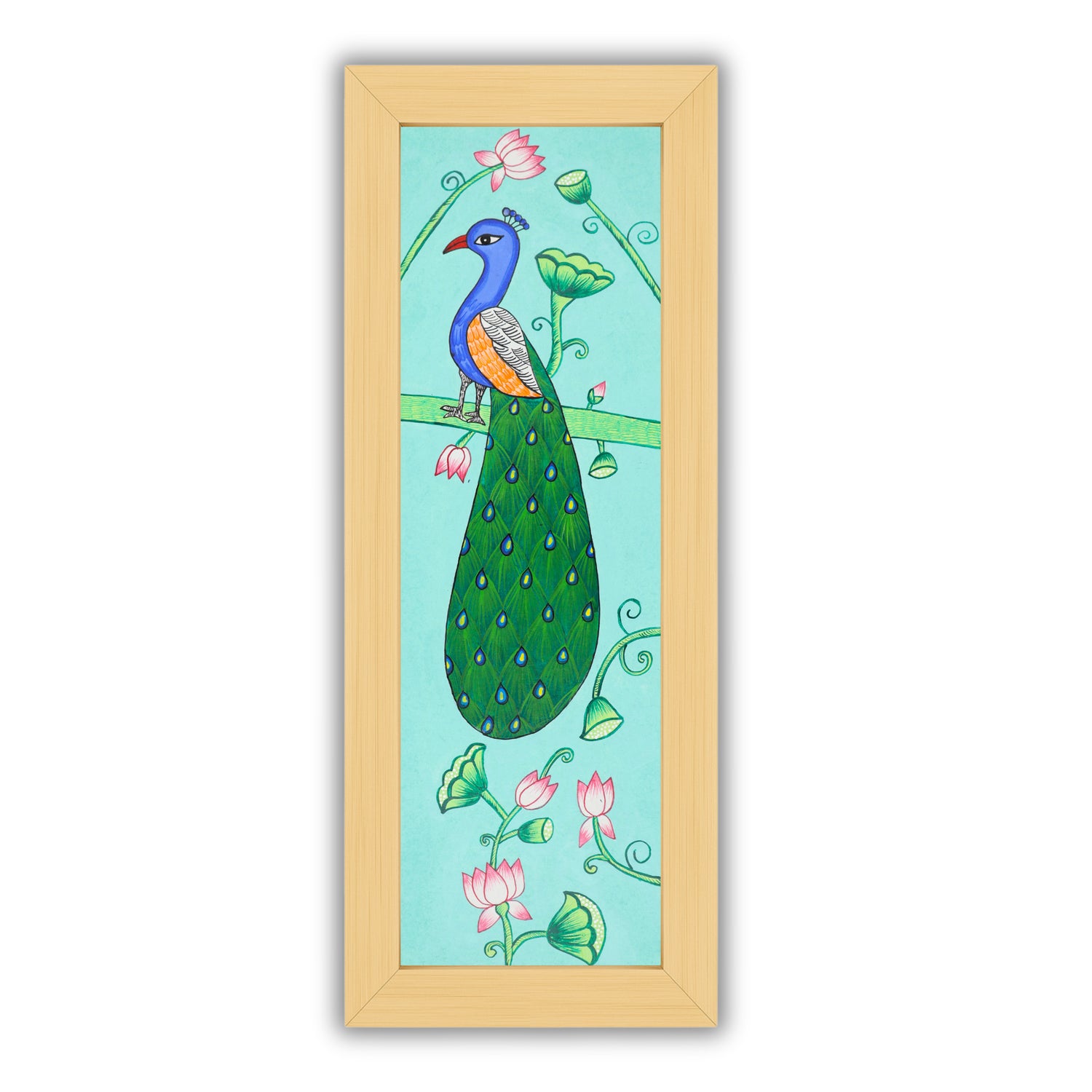 Handmade Pichwai painting with Peacock motif, framed for wall decor – traditional Indian temple art
