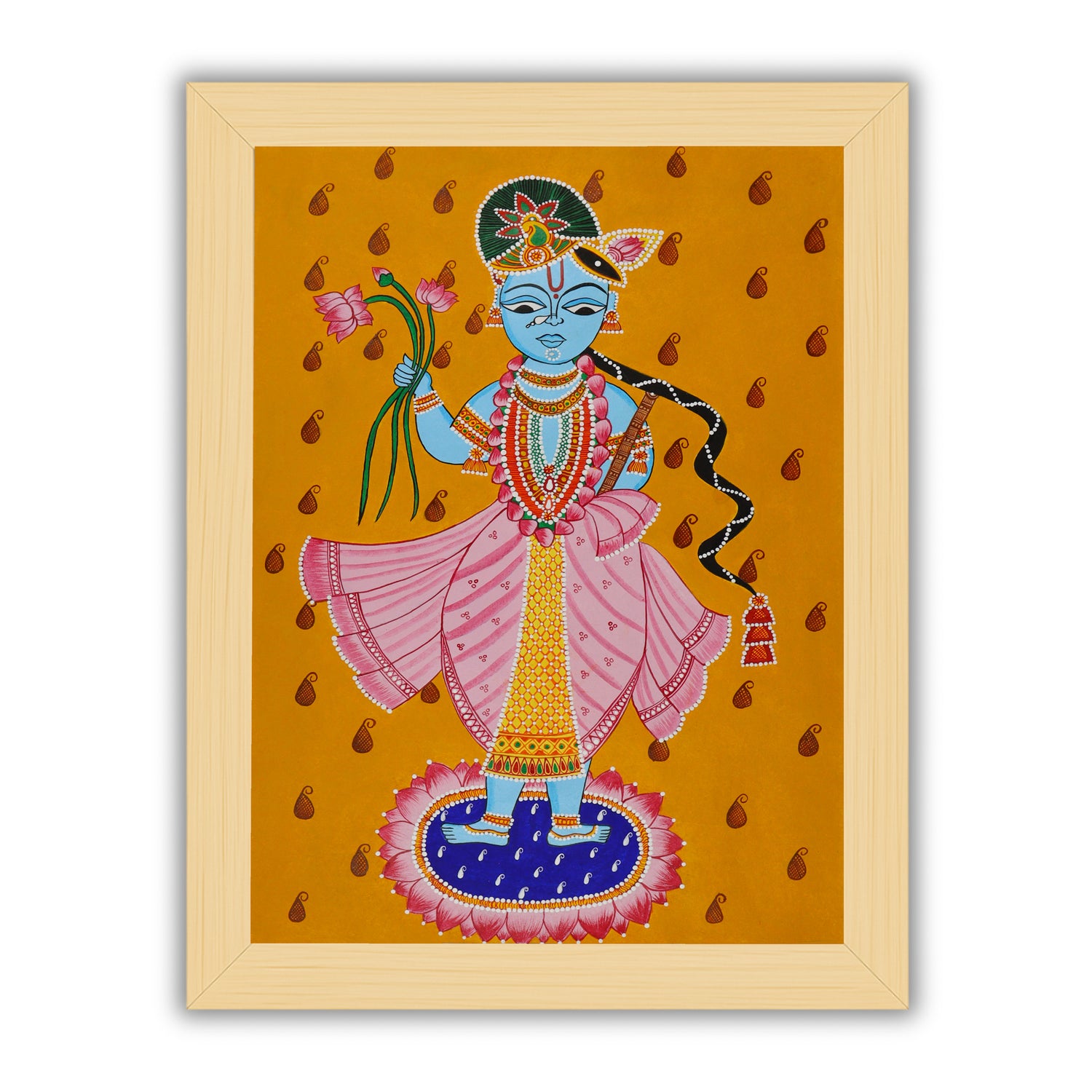 Handmade Pichwai painting with Krishna motif, framed for wall decor – traditional Indian temple art
