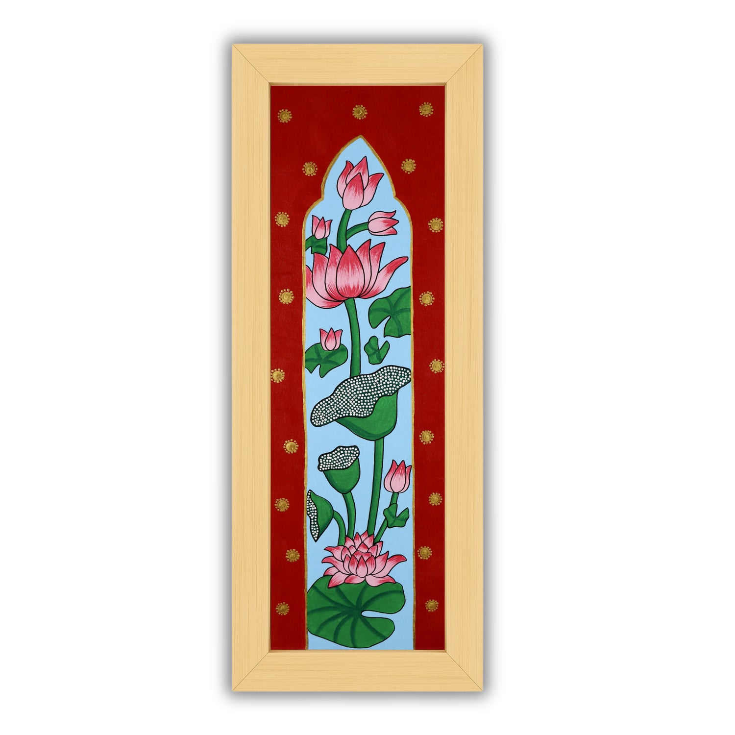 Handmade Pichwai painting with Lotus motif, framed for wall decor – traditional Indian temple art
