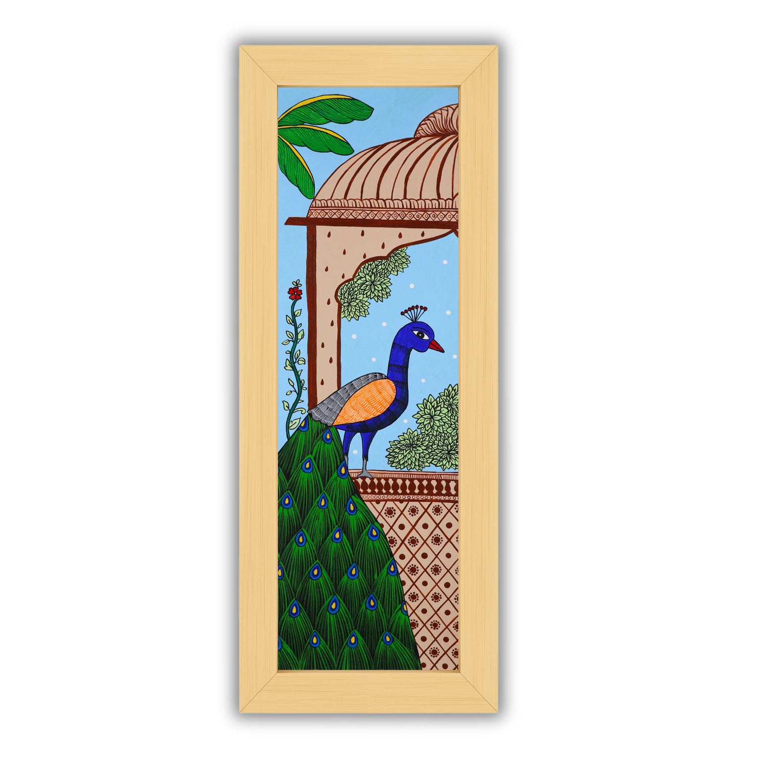 Handmade Pichwai painting with Peacock motif, framed for wall decor – traditional Indian temple art
