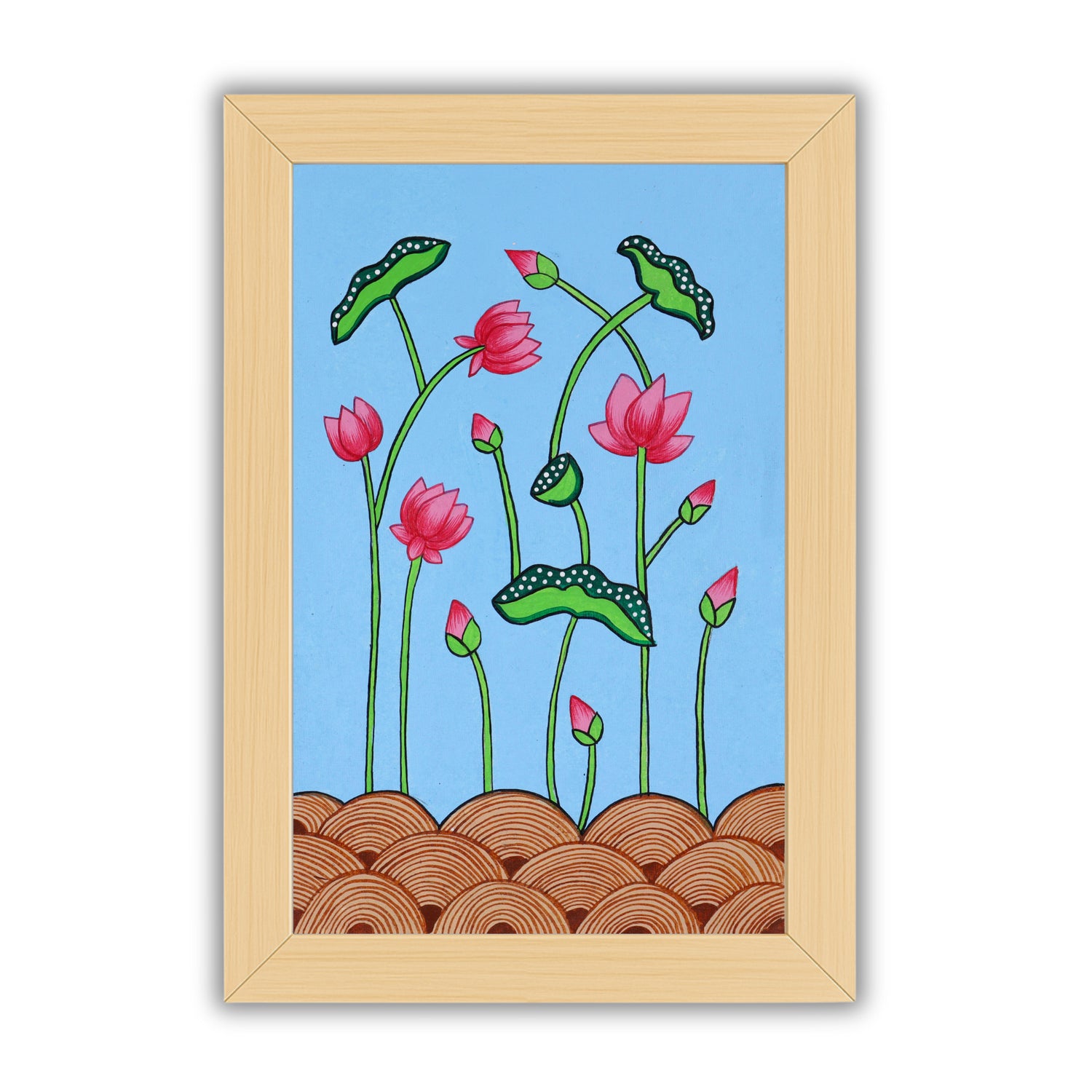 Handmade Pichwai painting with Lotus motif, framed for wall decor – traditional Indian temple art
