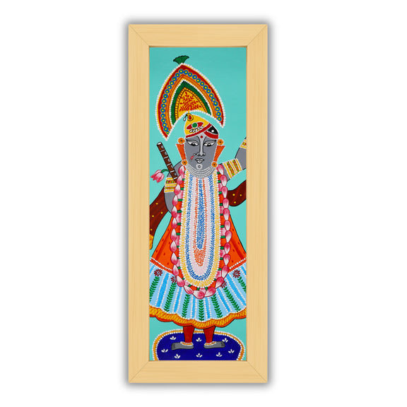 Handmade Pichwai painting with Shrinathji motif, framed for wall decor – traditional Indian temple art
