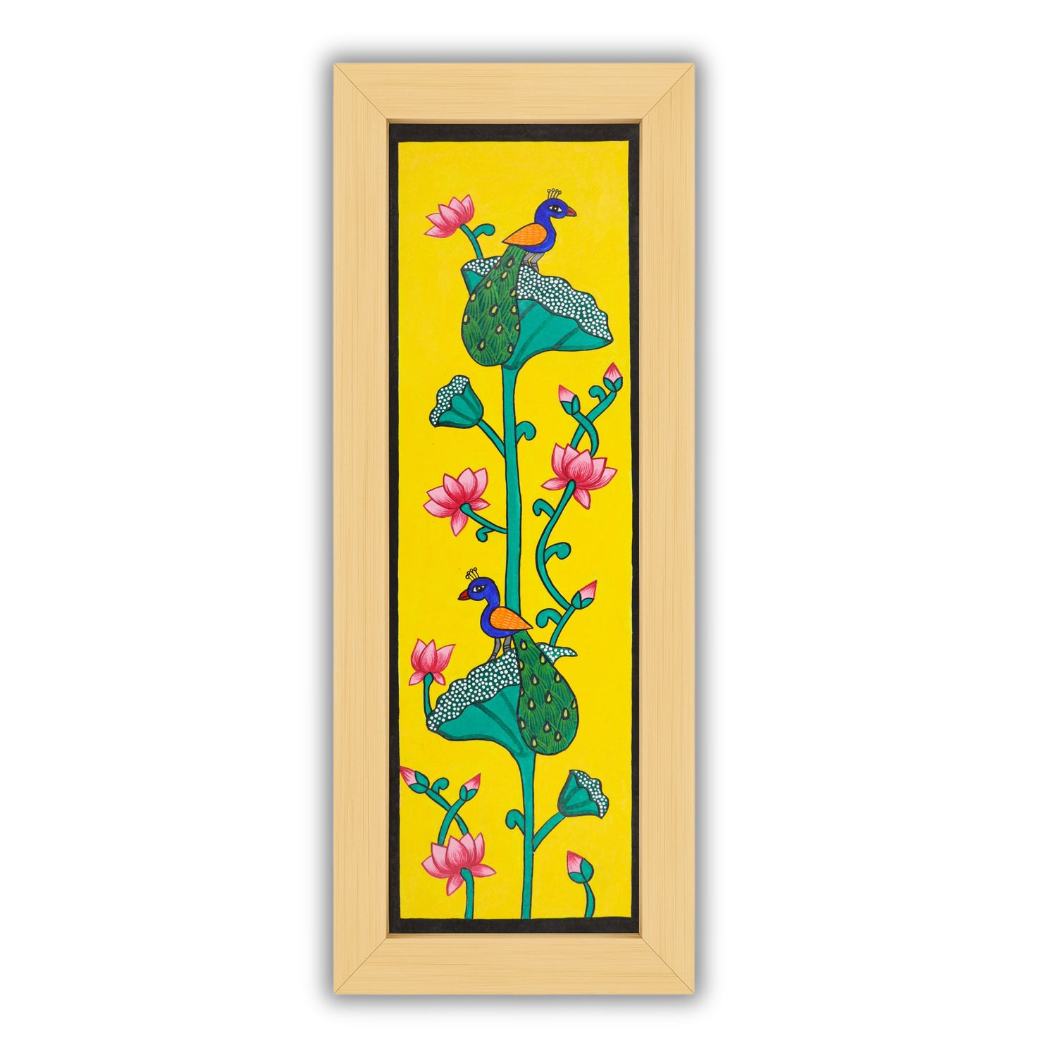 Handmade Pichwai painting with Peacock motif, framed for wall decor – traditional Indian temple art

