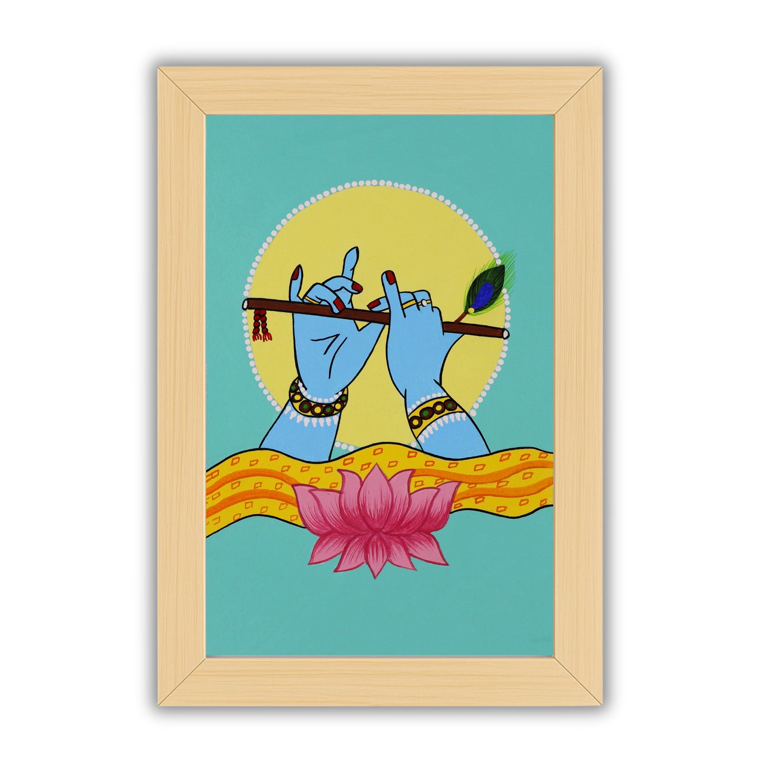 Handmade Pichwai painting with Krishna motif, framed for wall decor – traditional Indian temple art
