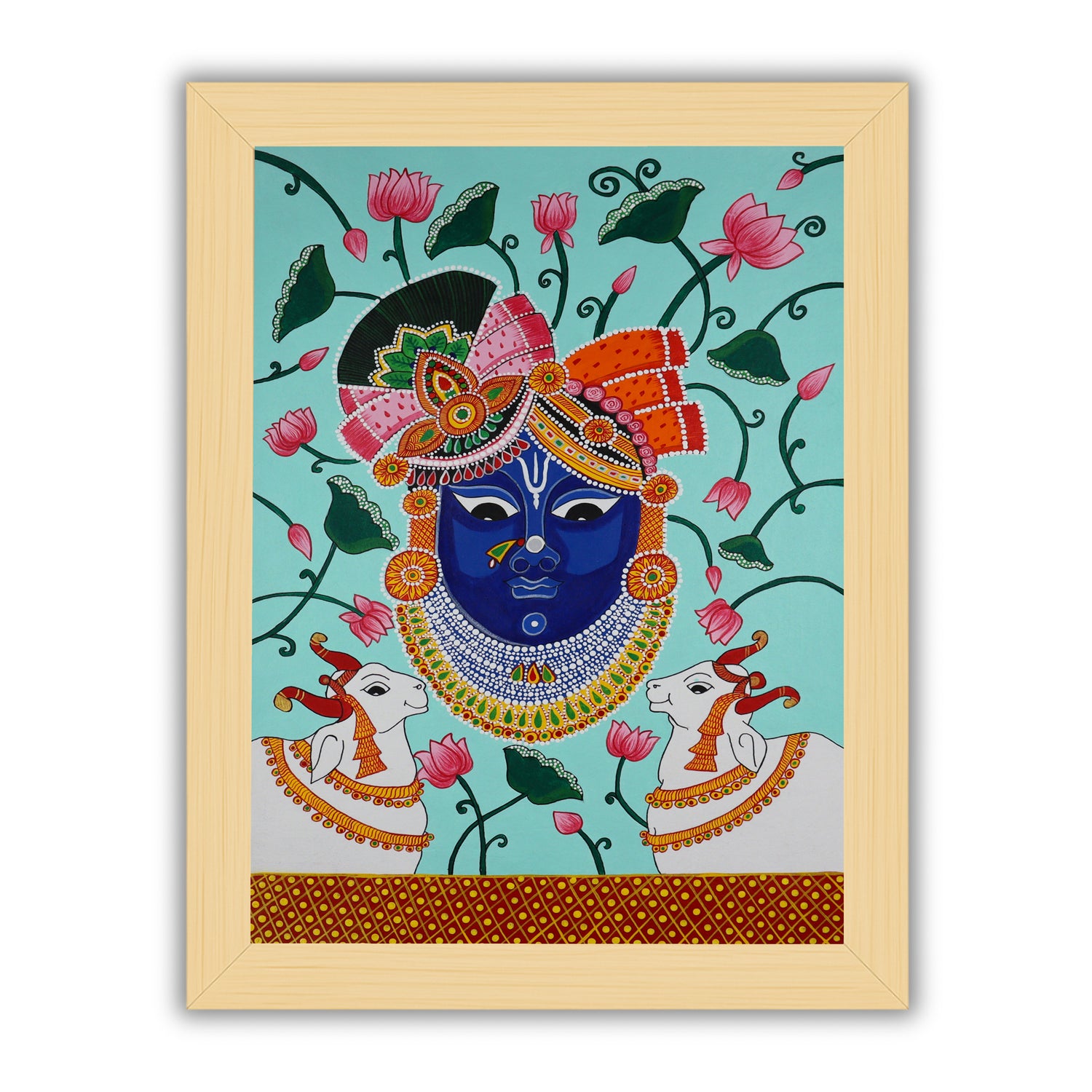 Handmade Pichwai painting with Krishna motif, framed for wall decor – traditional Indian temple art
