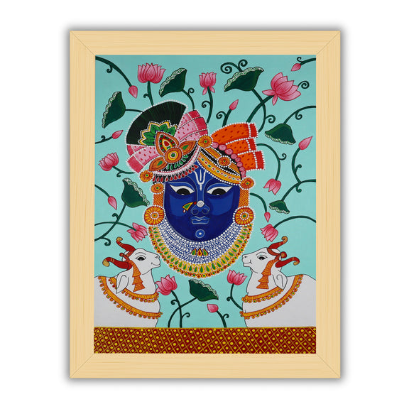Handmade Pichwai painting with Krishna motif, framed for wall decor – traditional Indian temple art
