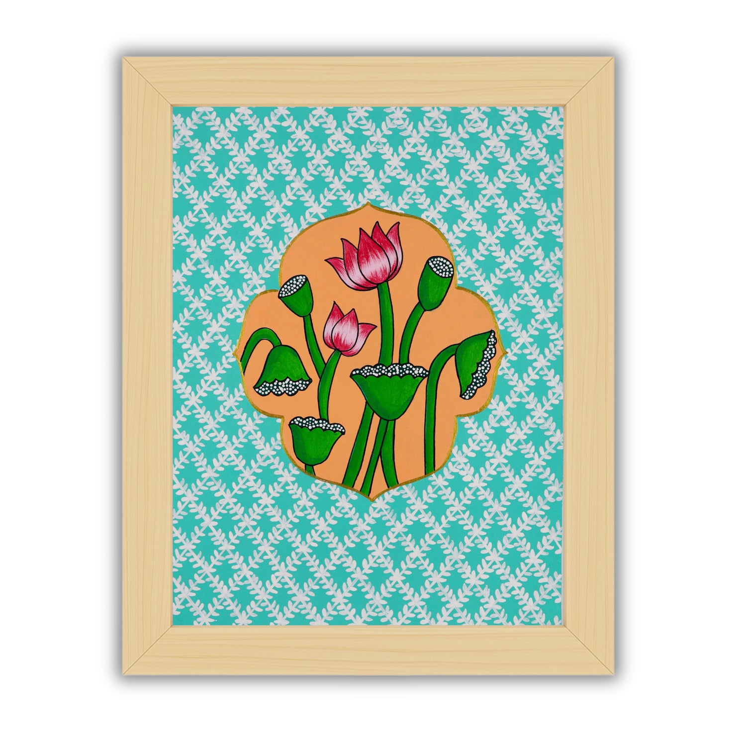 Handmade Pichwai painting with Lotus motif, framed for wall decor – traditional Indian temple art
