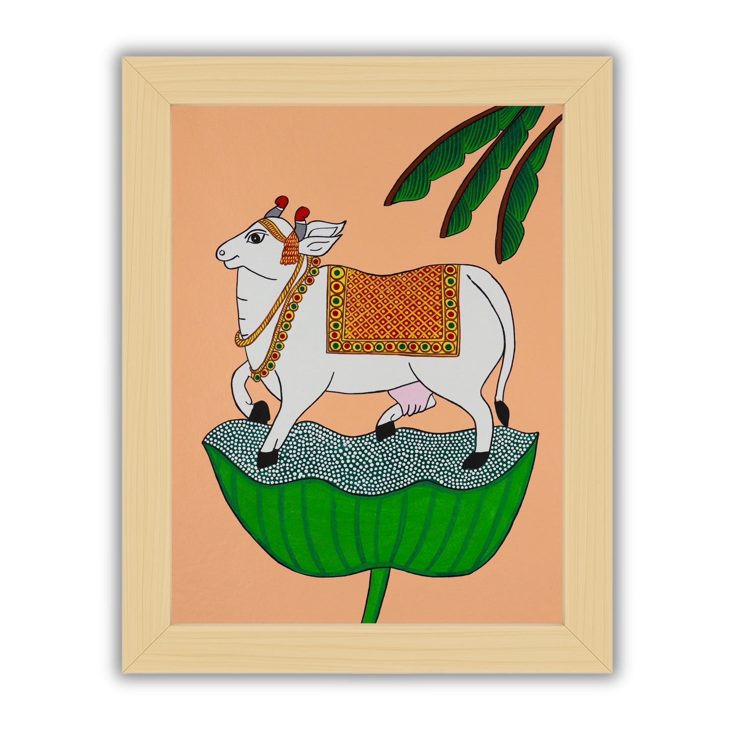 Handmade Pichwai painting with cow motif, framed for wall decor – traditional Indian temple art
