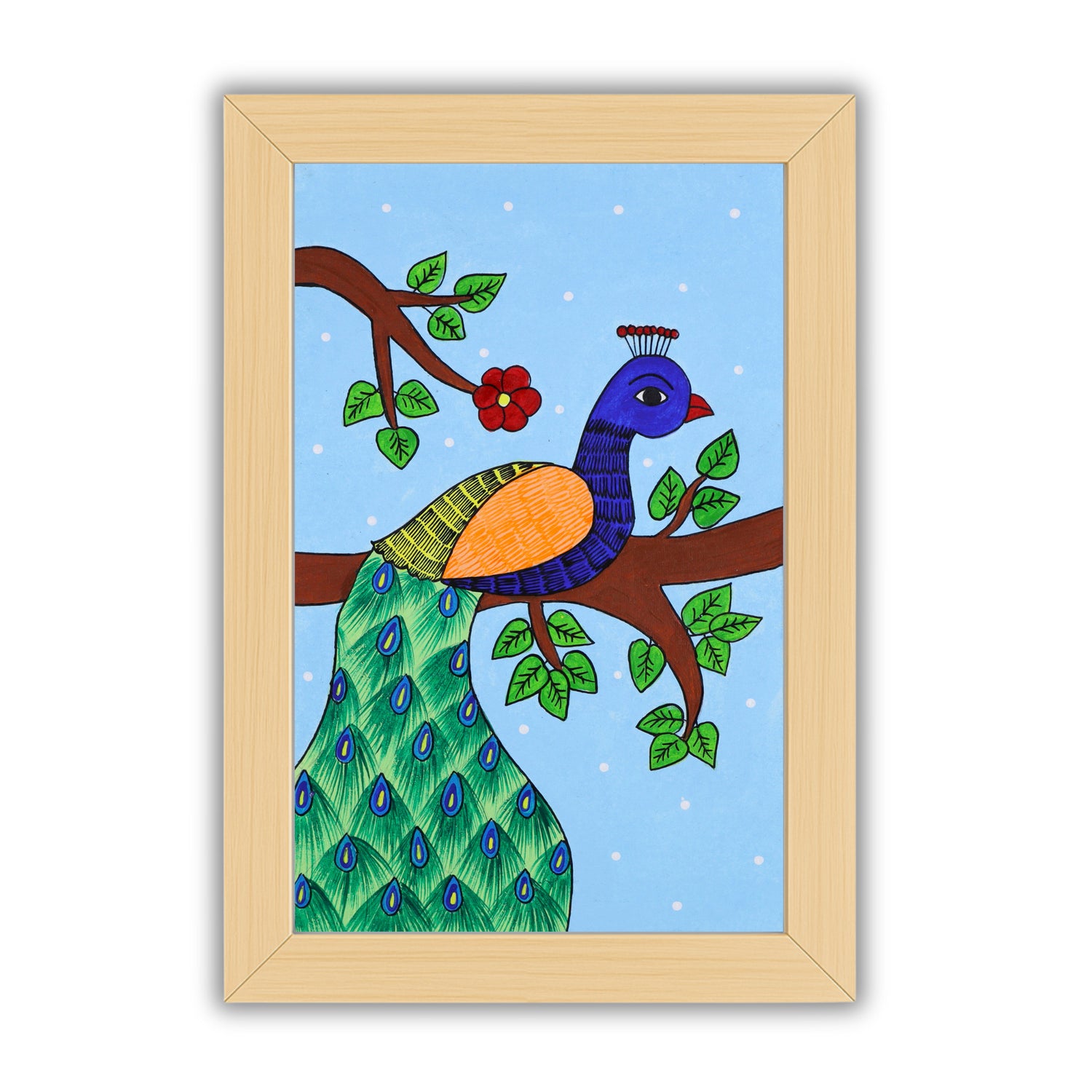 Handmade Pichwai painting with Peacock motif, framed for wall decor – traditional Indian temple art
