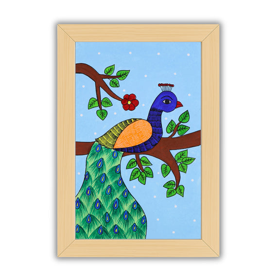 Handmade Pichwai painting with Peacock motif, framed for wall decor – traditional Indian temple art
