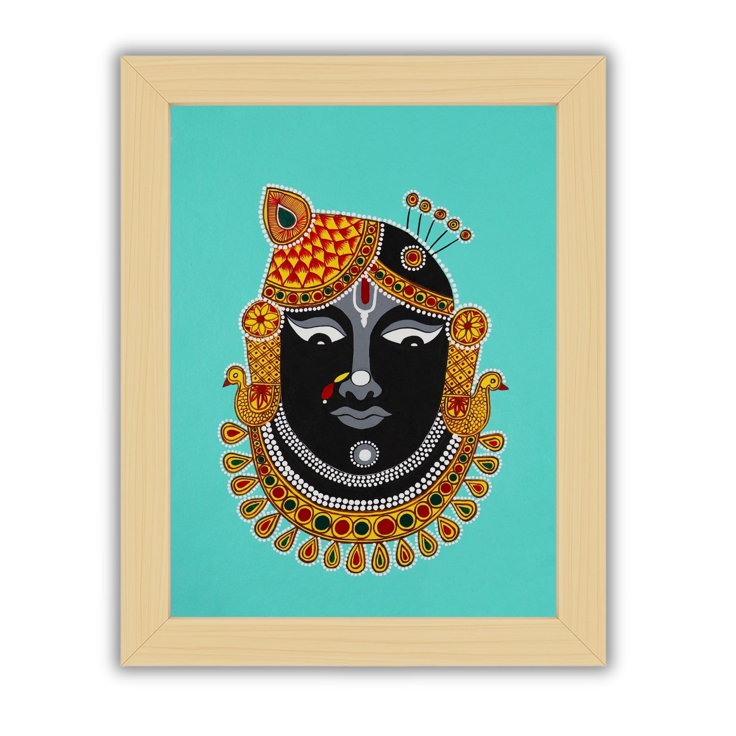 Handmade Pichwai painting with Shrinathji motif, framed for wall decor – traditional Indian temple art
