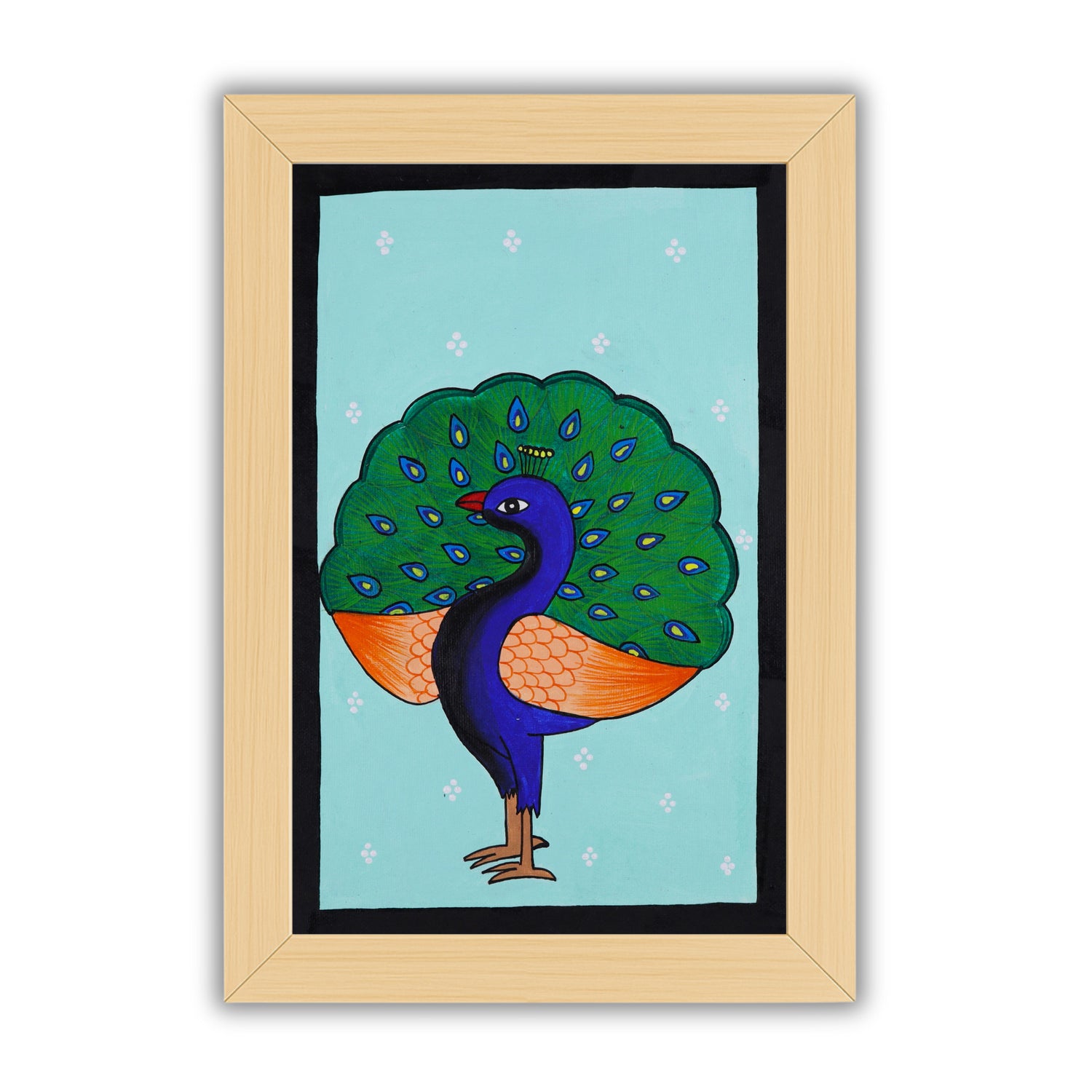 Handmade Pichwai painting with Peacock motif, framed for wall decor – traditional Indian temple art
