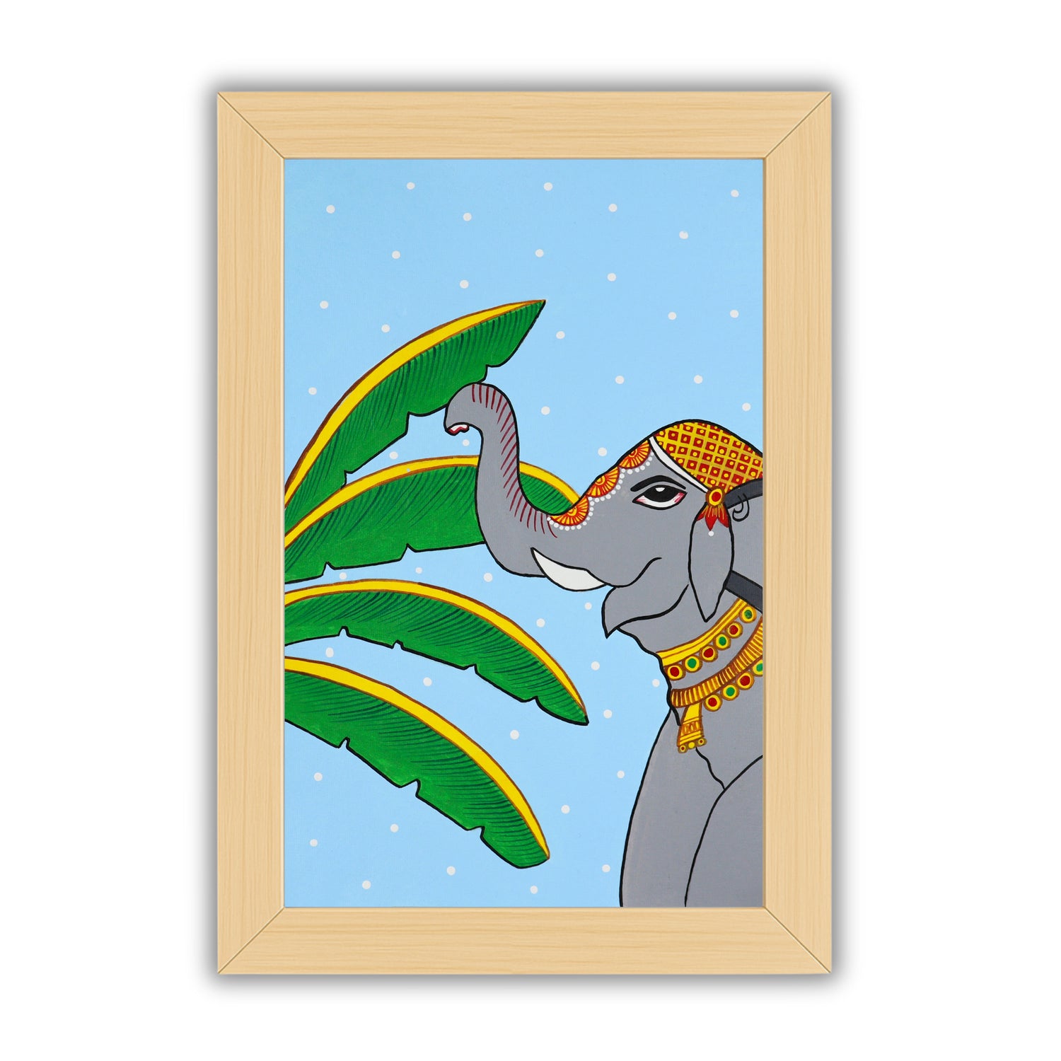 Handmade Pichwai painting with Elephant motif, framed for wall decor – traditional Indian temple art
